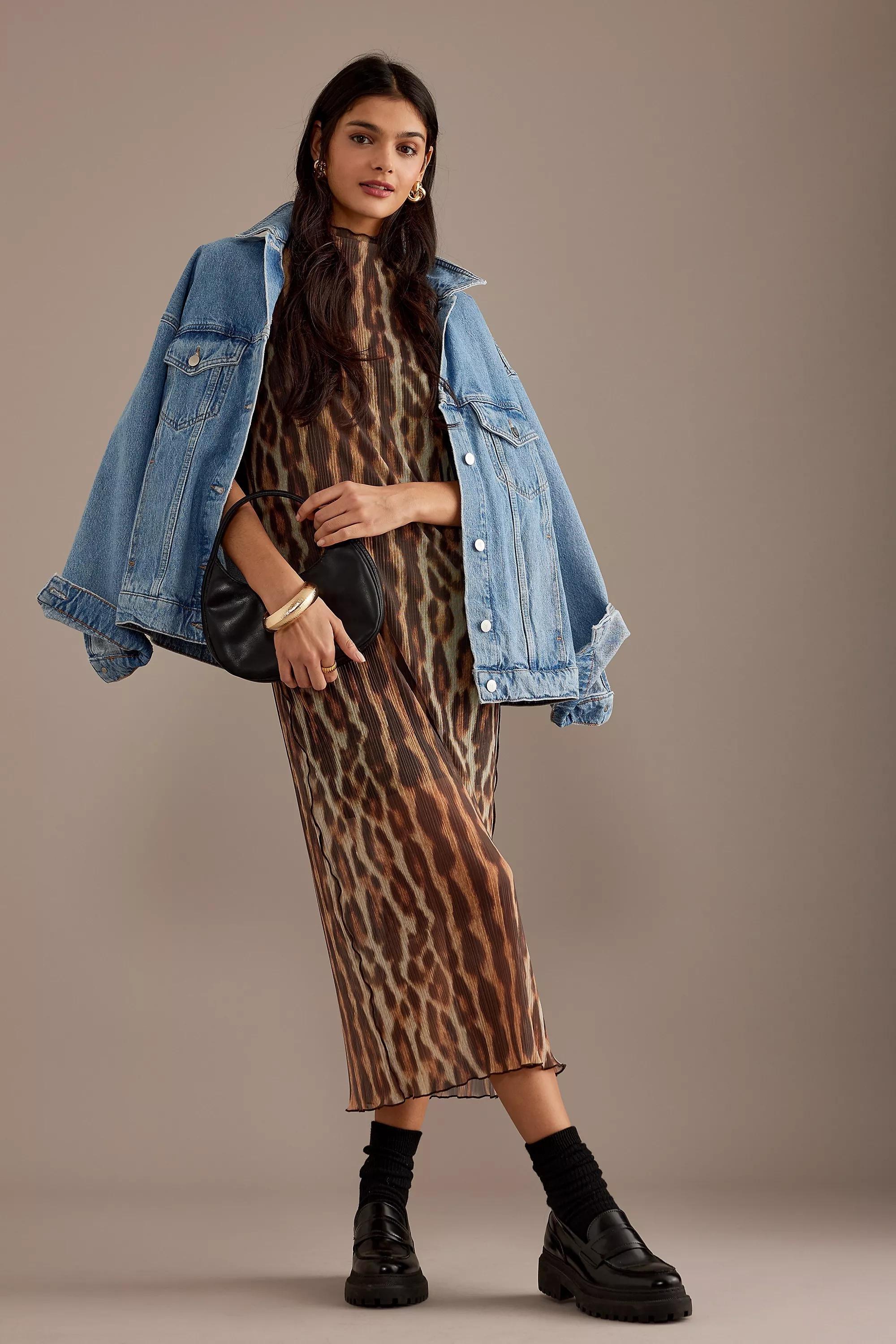 Leopard Plisse Mesh Midi Dress, Black, , large image number 0