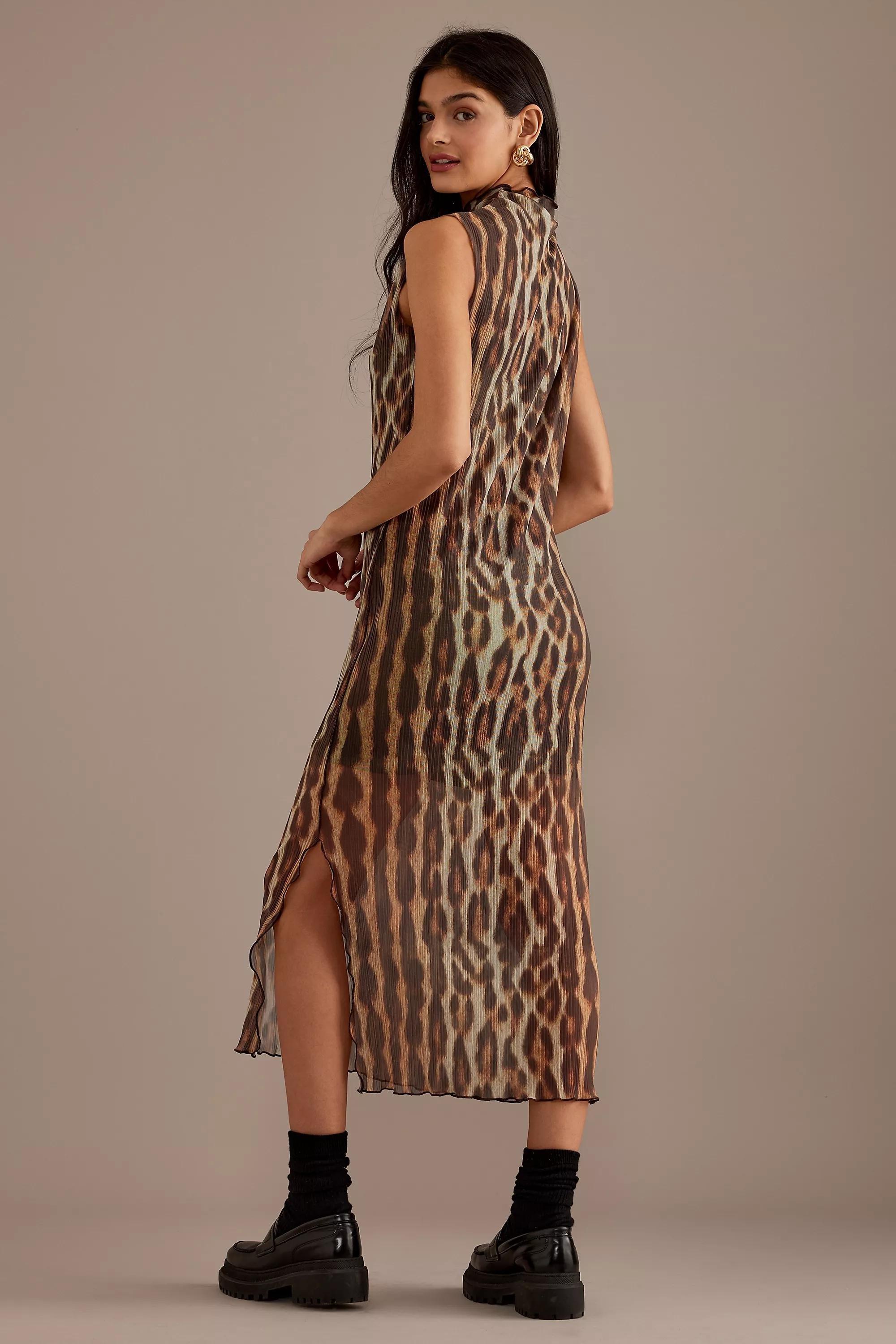 Leopard Plisse Mesh Midi Dress, Black, , large image number 2