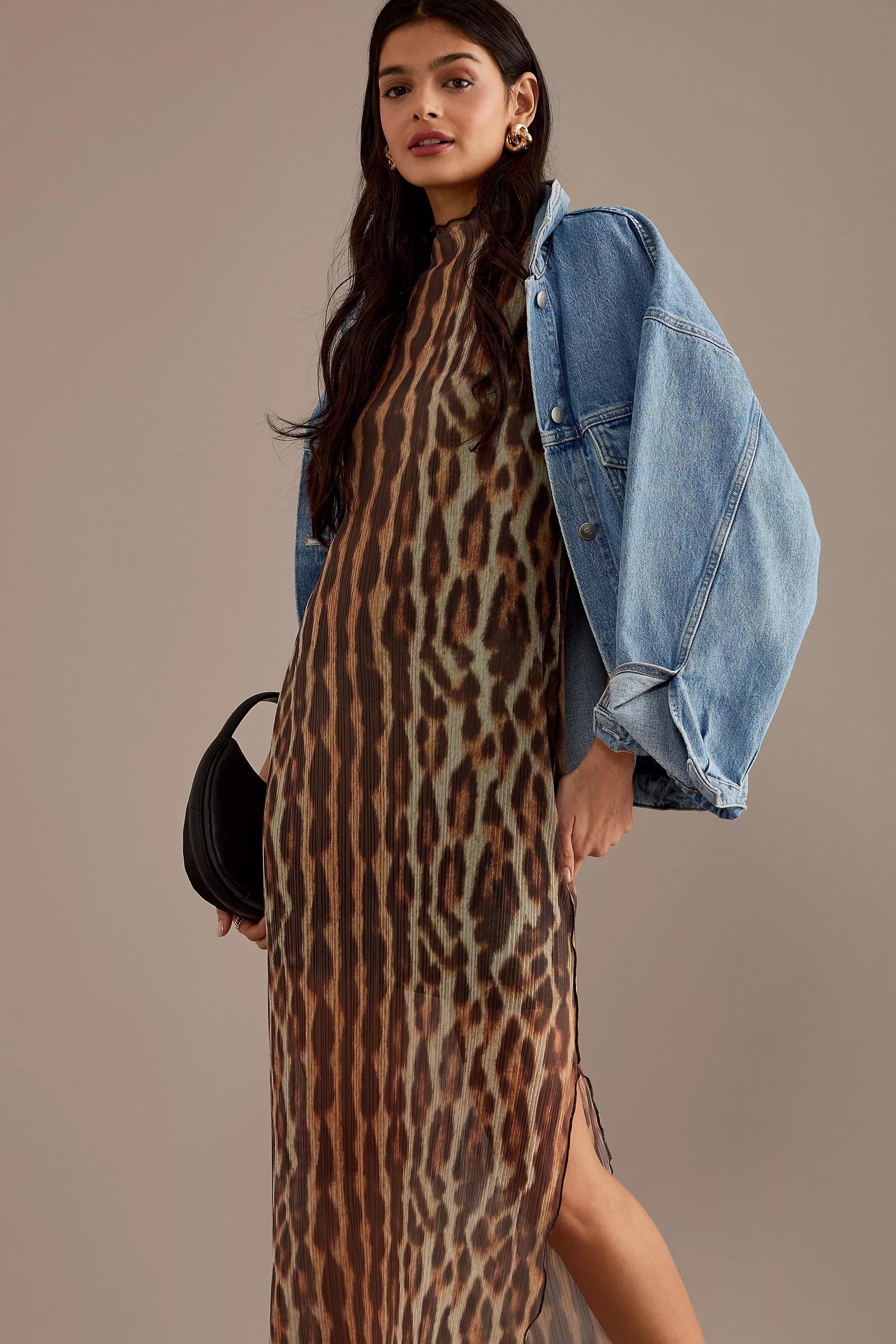 Leopard Plisse Mesh Midi Dress, Black, , large image number 4