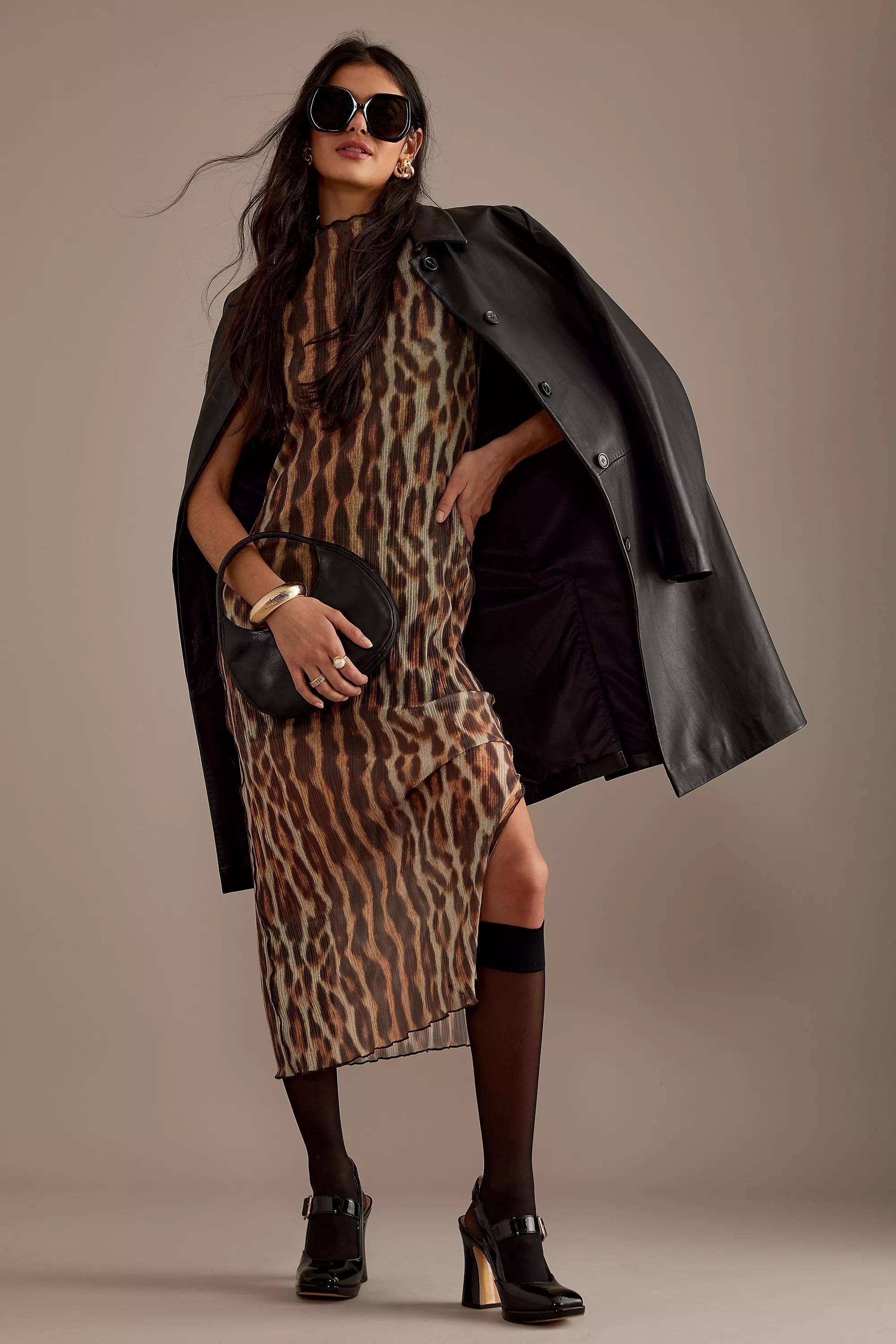 Leopard Plisse Mesh Midi Dress, Black, , large image number 5