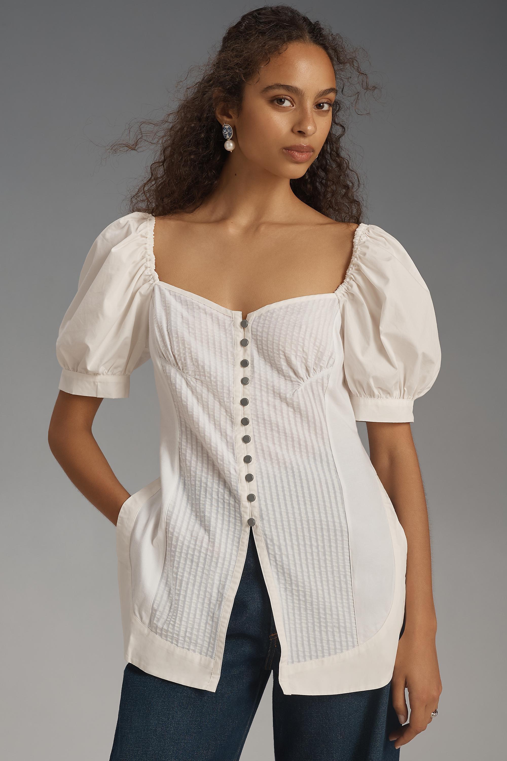 Maeve Puff-Sleeve Sweetheart Top, White, , large image number 0