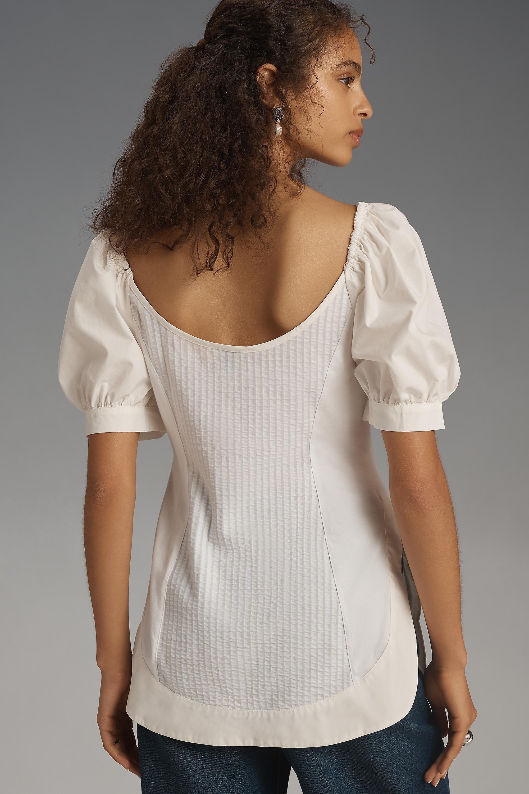 Maeve Puff-Sleeve Sweetheart Top, White, , large image number 2