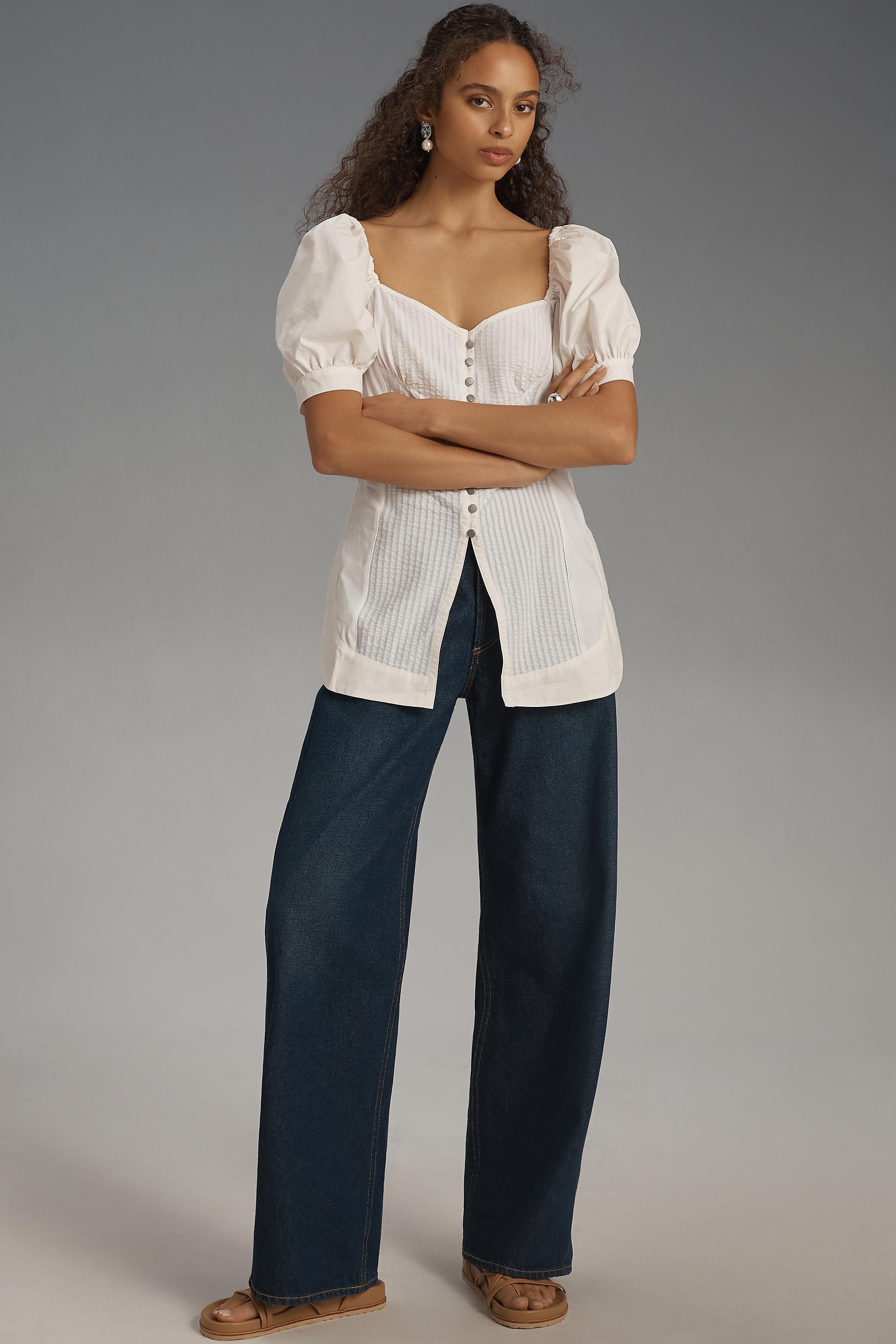 Maeve Puff-Sleeve Sweetheart Top, White, , large image number 3