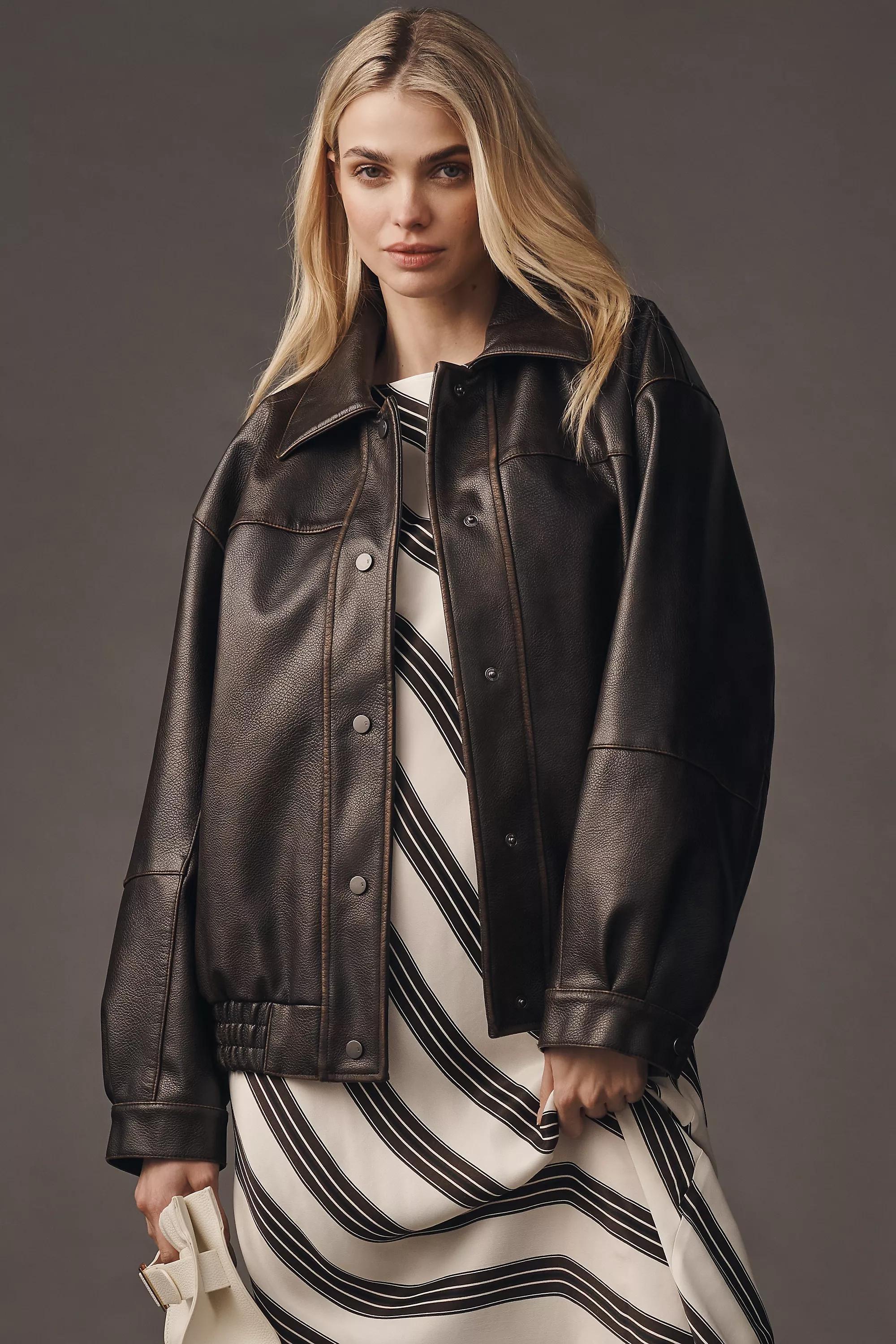 Pilcro Oversized Washed Faux Leather Jacket, Brown, , large image number 0