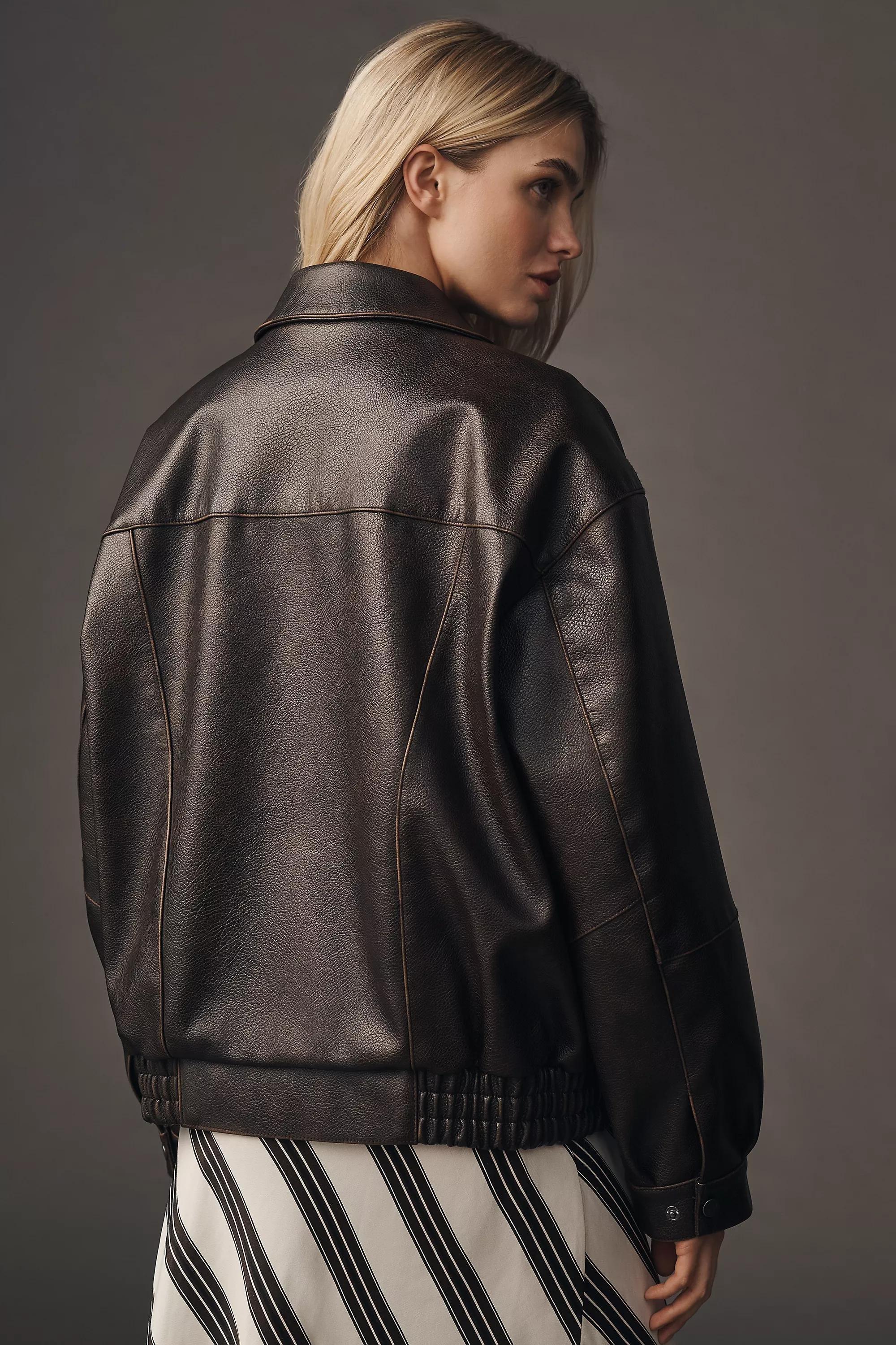 Pilcro Oversized Washed Faux Leather Jacket, Brown, , large image number 1