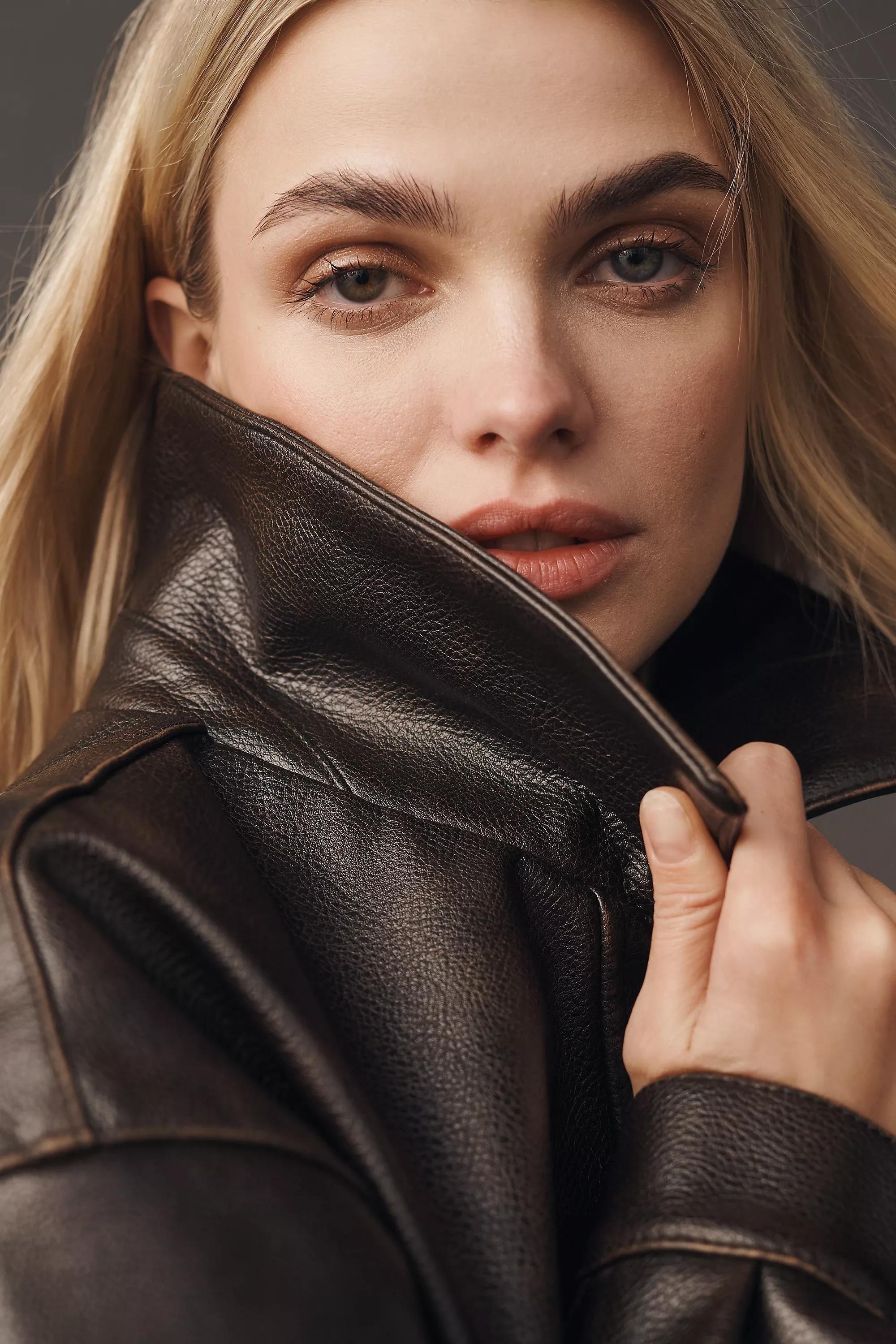 Pilcro Oversized Washed Faux Leather Jacket, Brown, , large image number 3