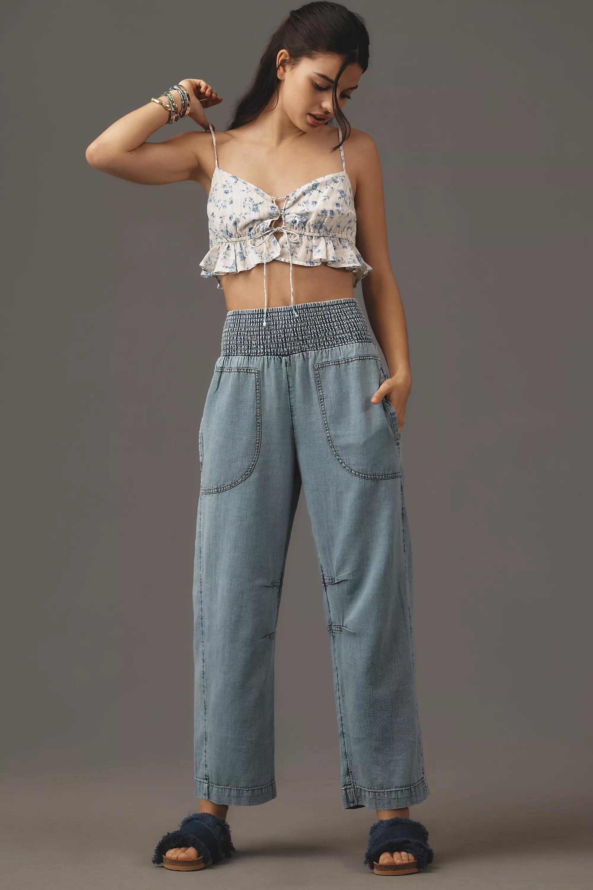 Blue The Reese Smocked Pull-On Barrel Trousers: Denim Edition, Blue, large image number 0