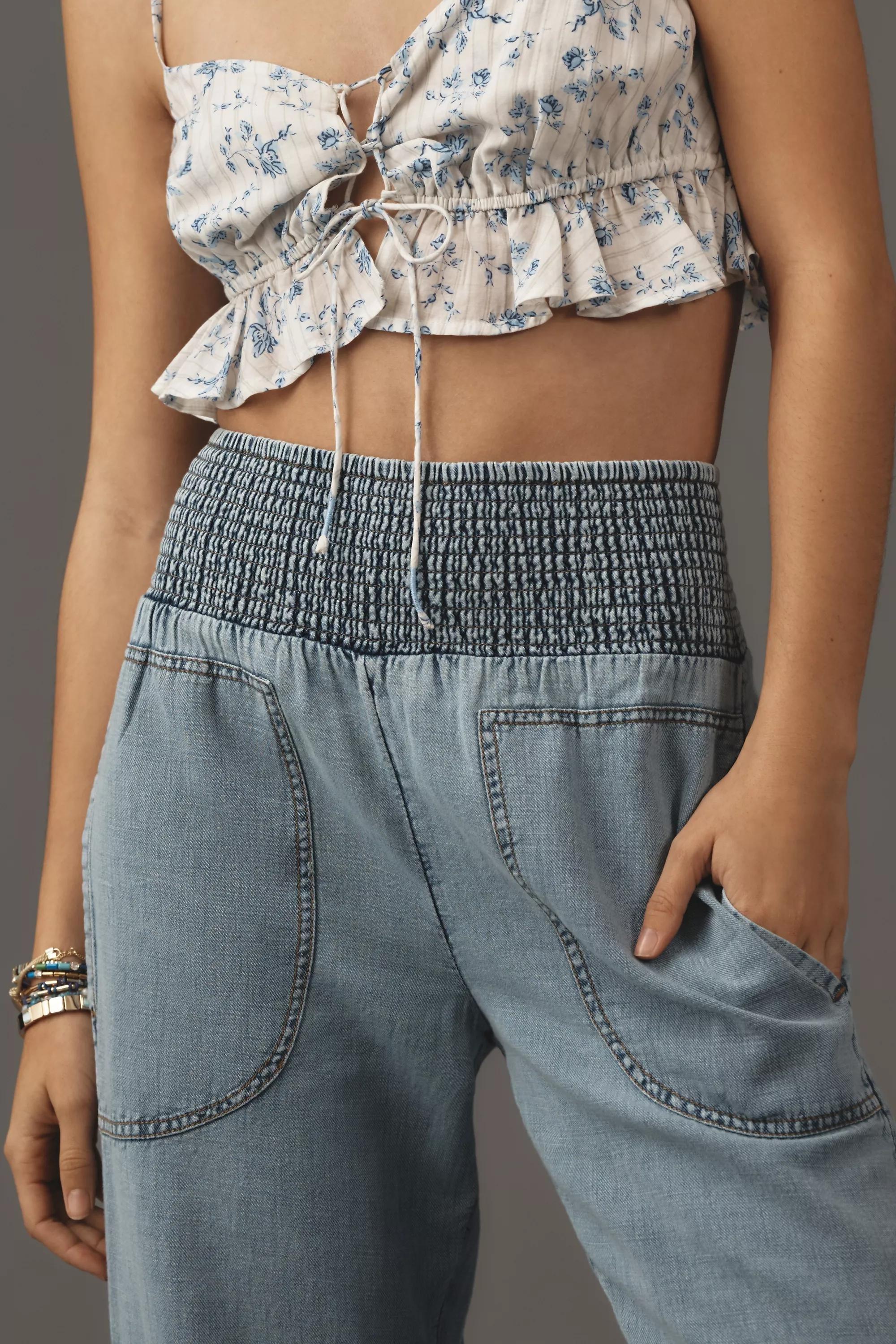 Blue The Reese Smocked Pull-On Barrel Trousers: Denim Edition, Blue, large image number 3