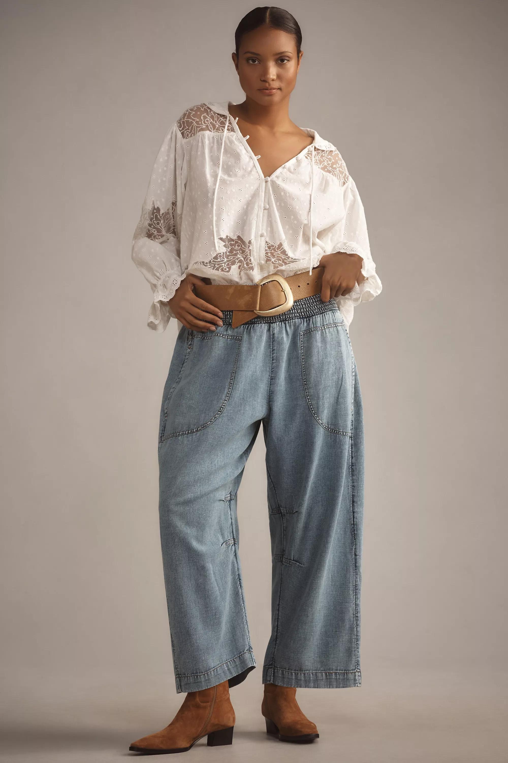 Blue The Reese Smocked Pull-On Barrel Trousers: Denim Edition, Blue, large image number 4