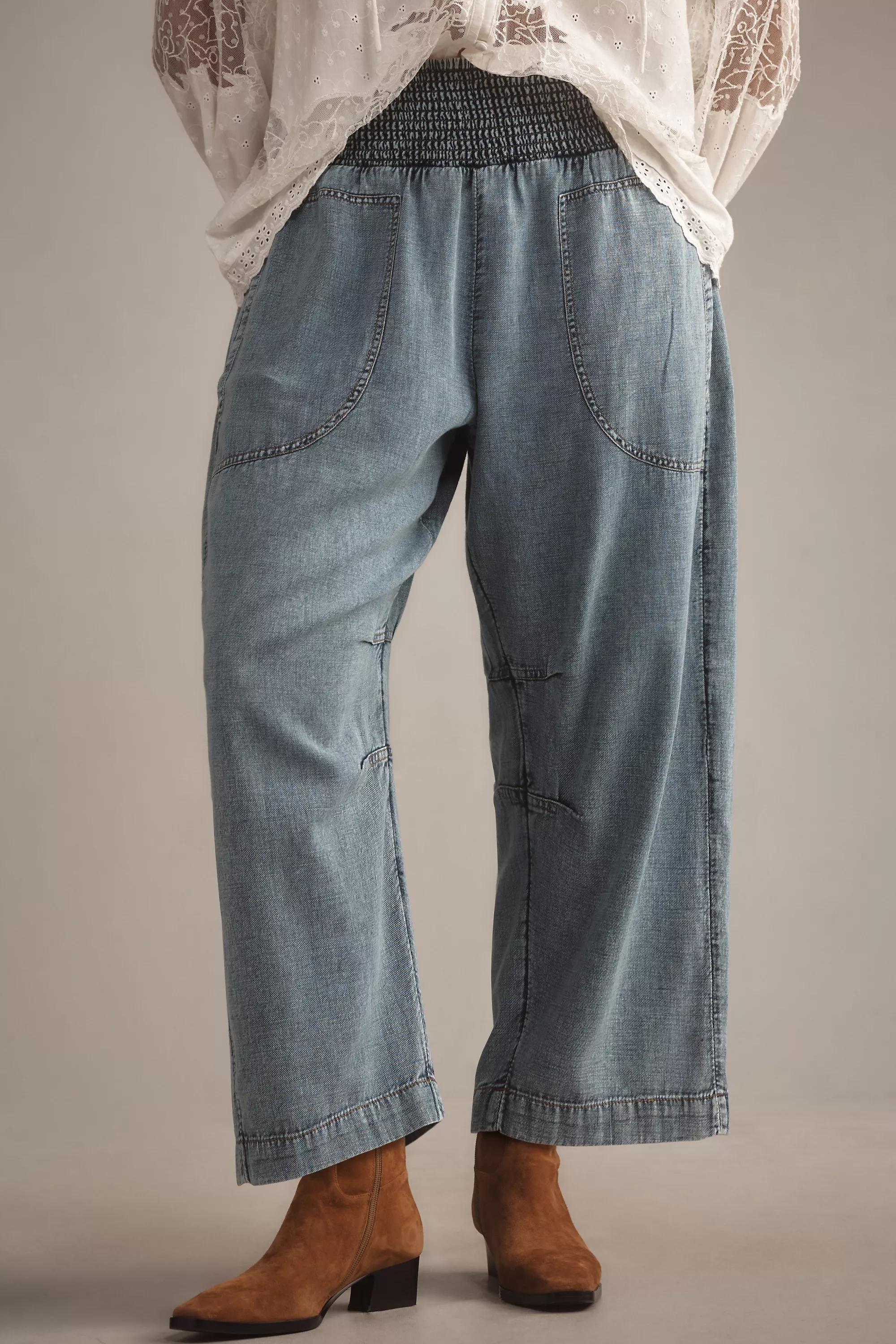 Blue The Reese Smocked Pull-On Barrel Trousers: Denim Edition, Blue, large image number 5