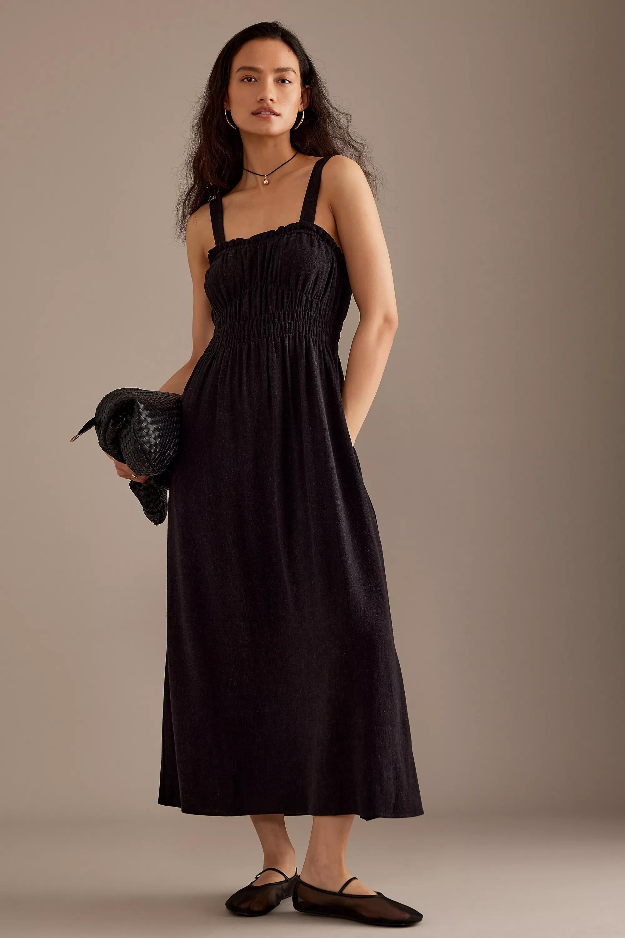 Evie Linen-Blend Ruched Midi Dress, Black, , large image number 0