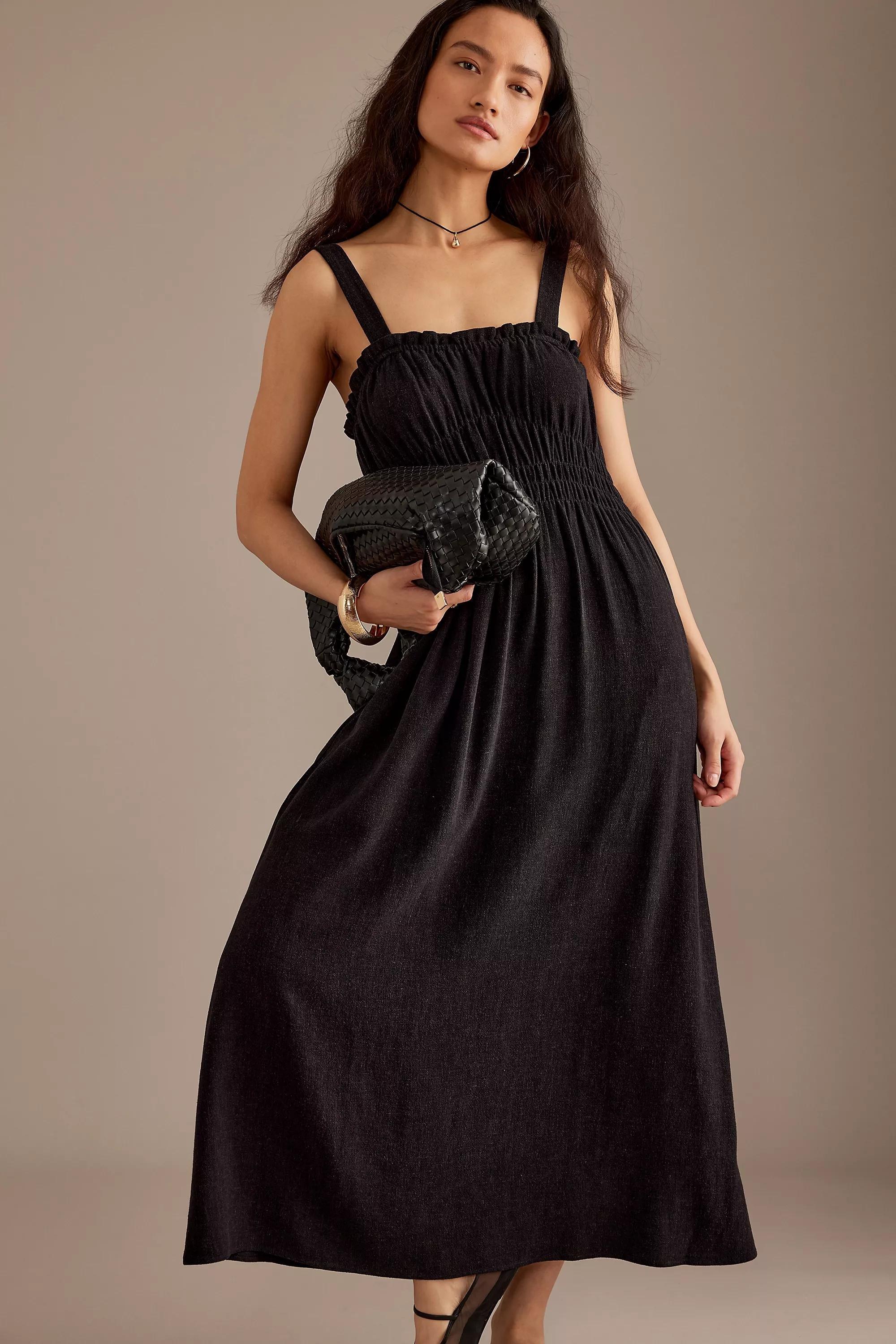 Evie Linen-Blend Ruched Midi Dress, Black, , large image number 1