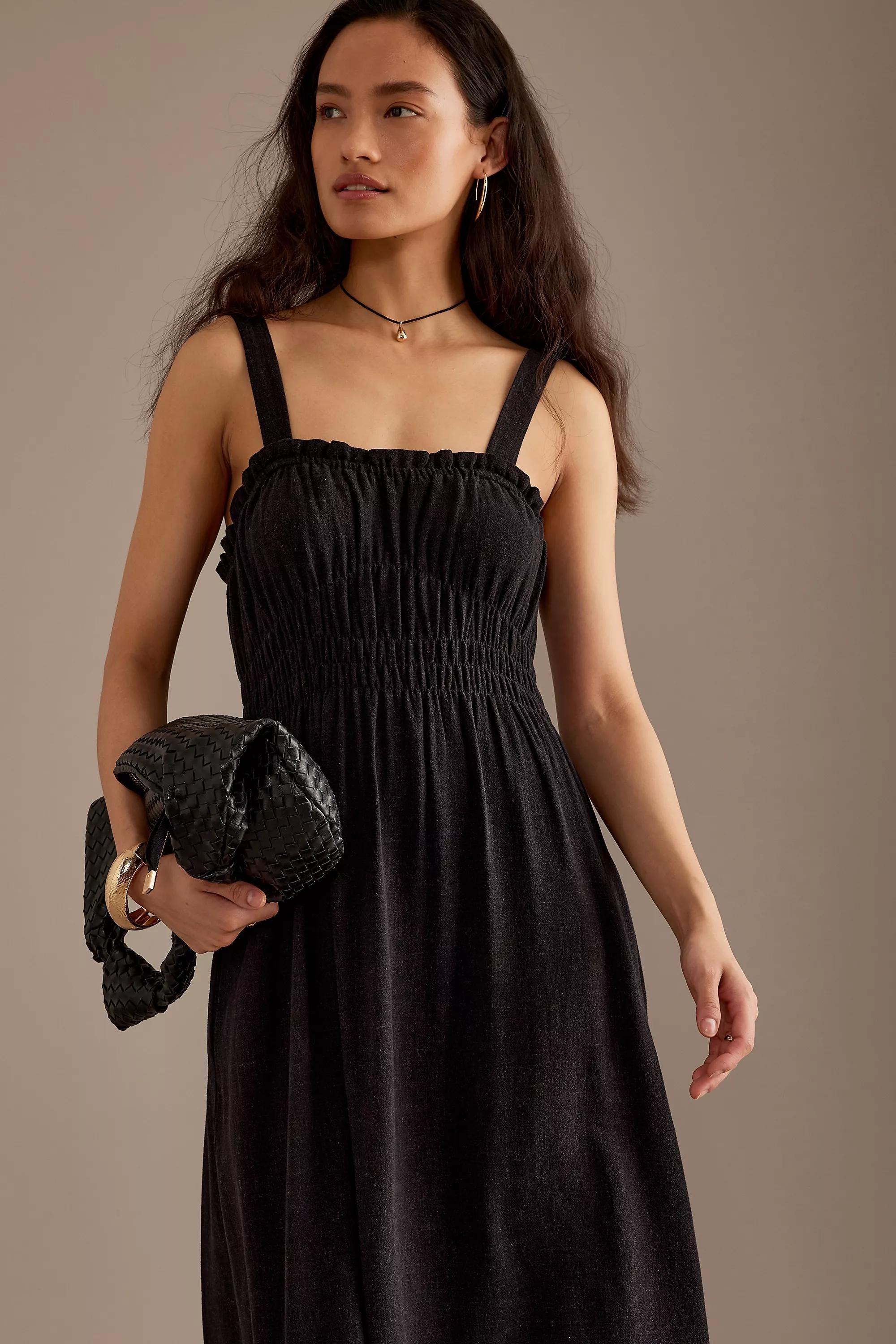 Evie Linen-Blend Ruched Midi Dress, Black, , large image number 2