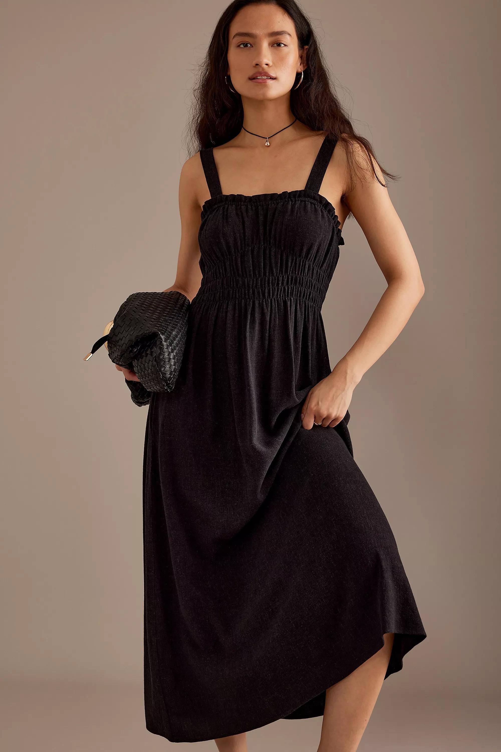 Evie Linen-Blend Ruched Midi Dress, Black, , large image number 4