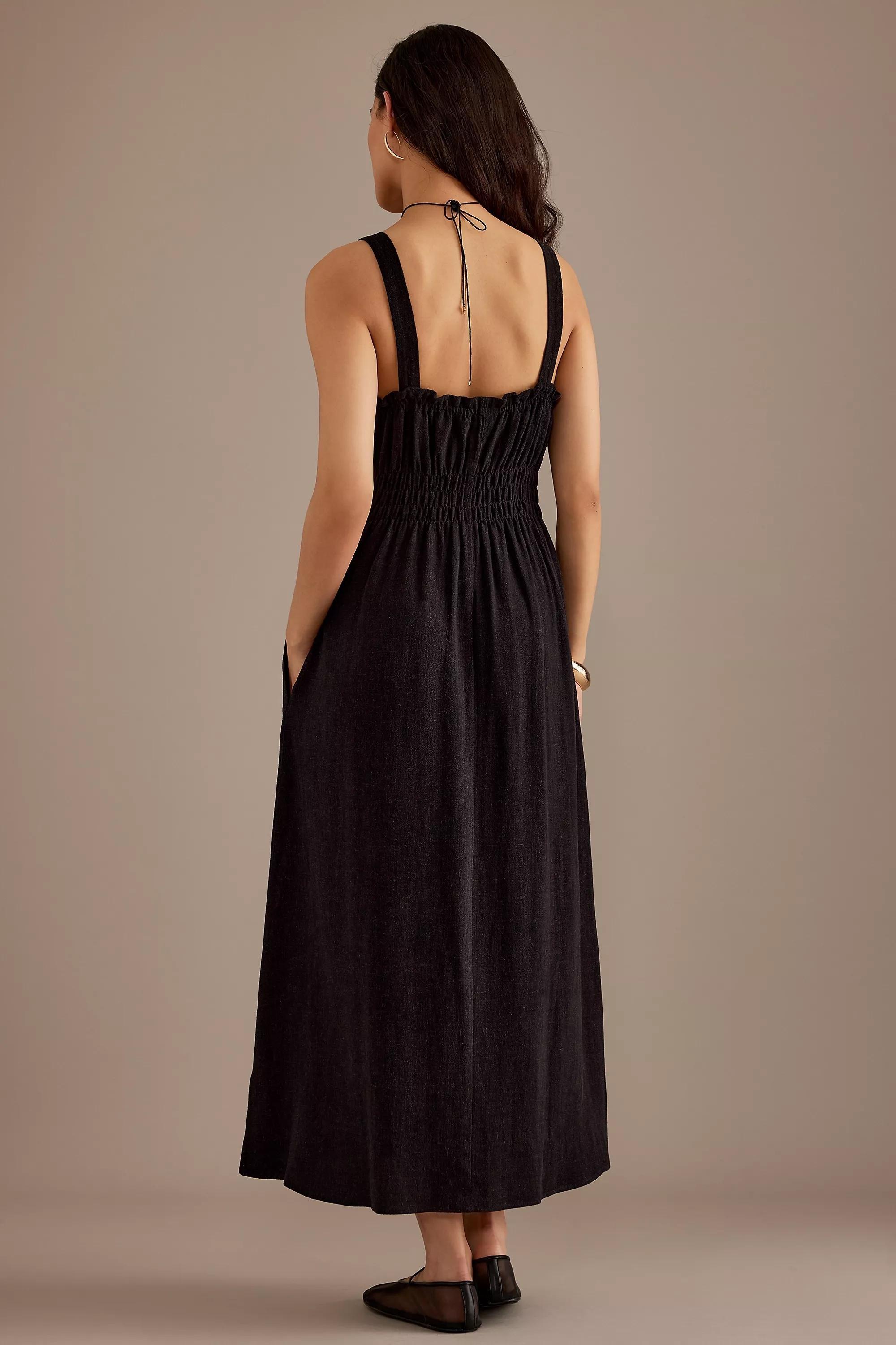 Evie Linen-Blend Ruched Midi Dress, Black, , large image number 5