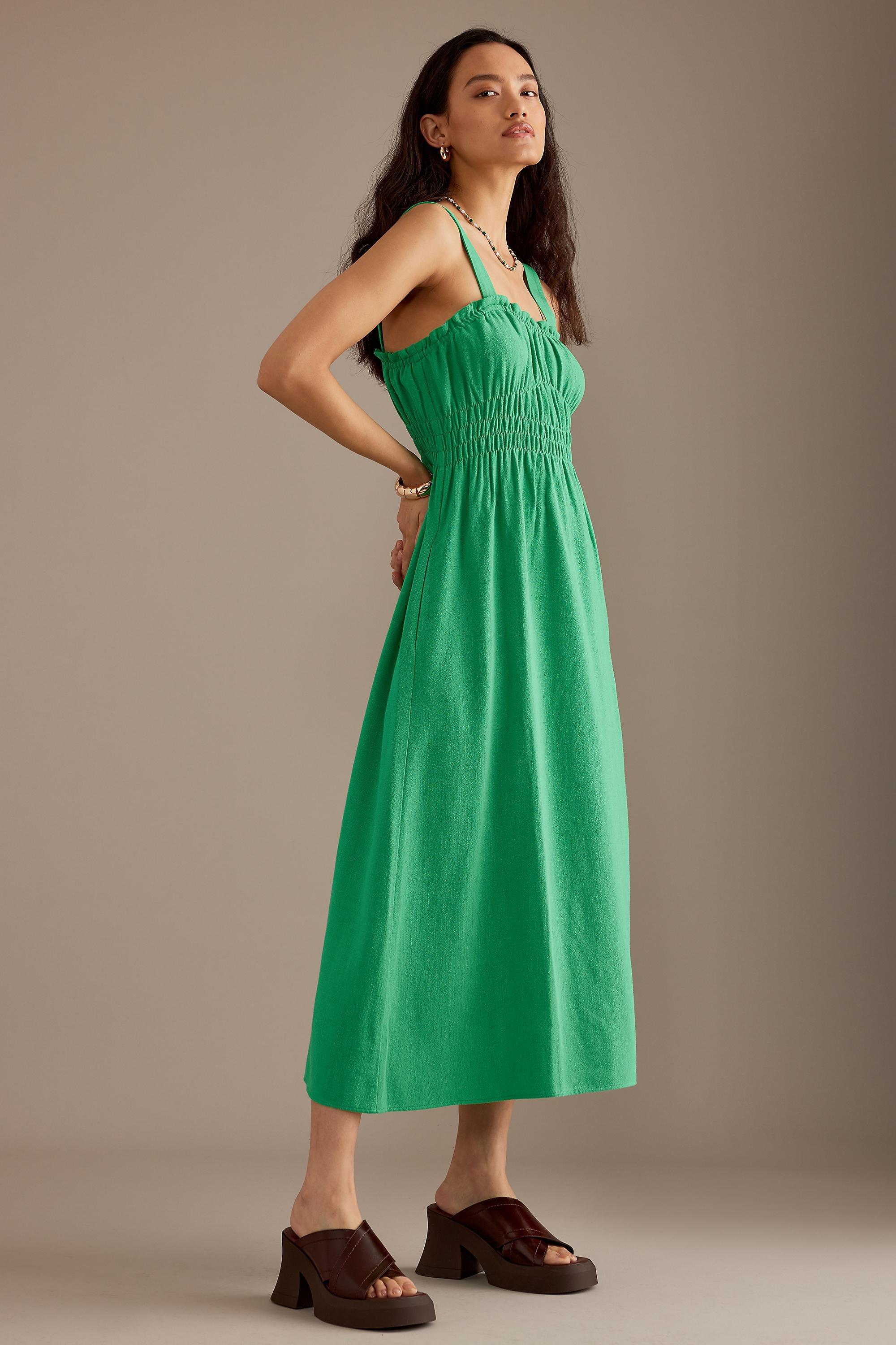 Evie Linen-Blend Ruched Midi Dress, Green, , large image number 1