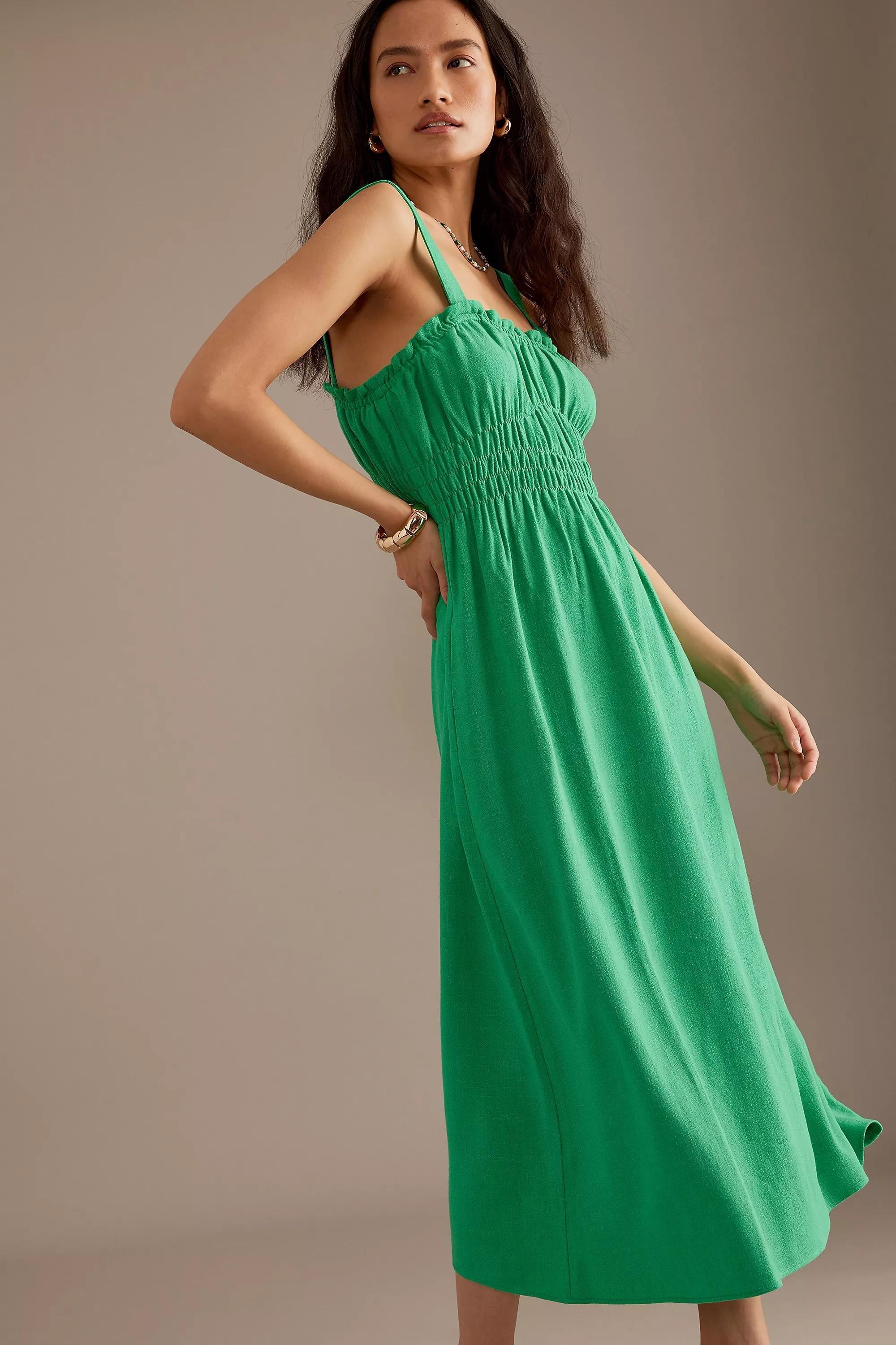 Evie Linen-Blend Ruched Midi Dress, Green, , large image number 2