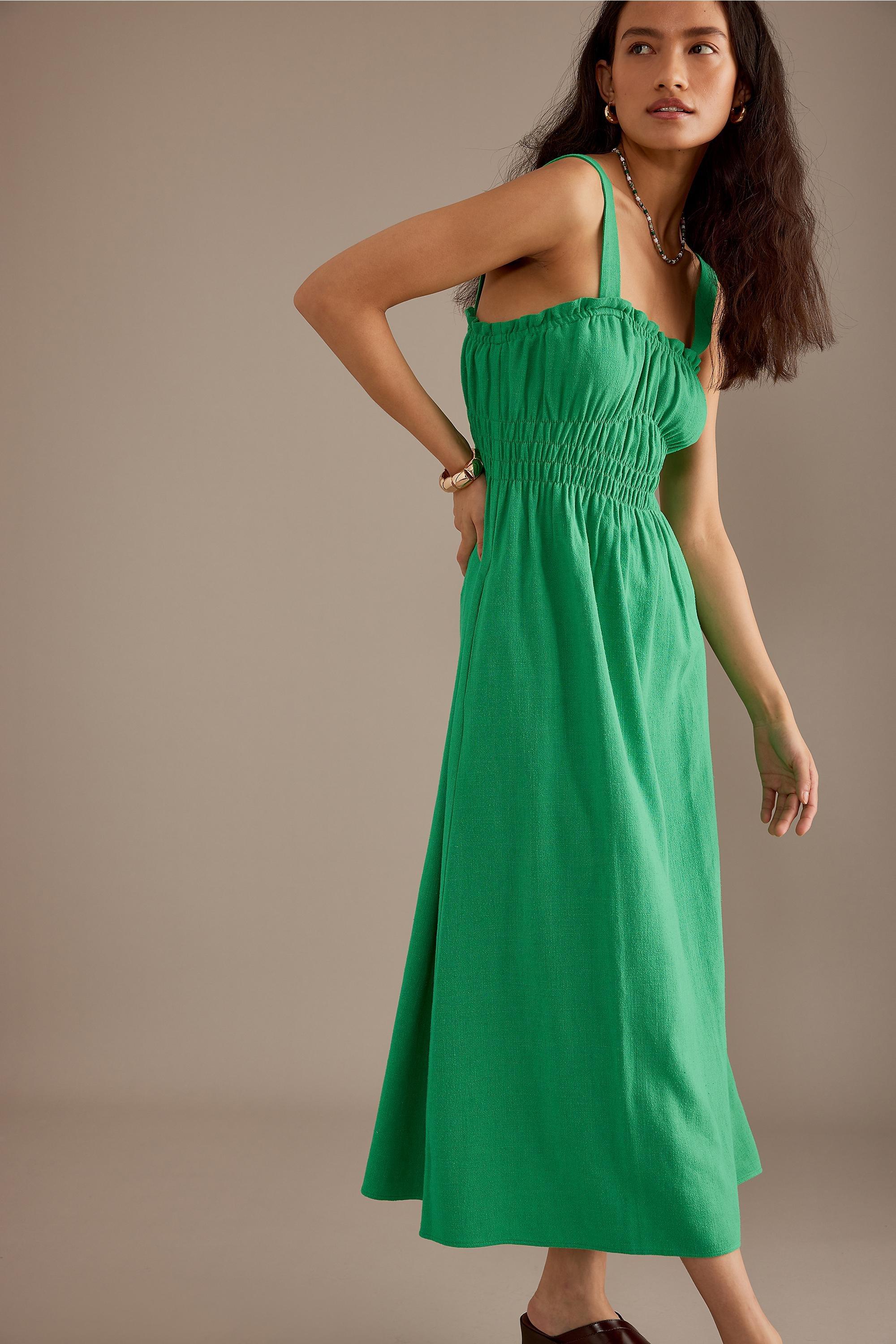 Evie Linen-Blend Ruched Midi Dress, Green, , large image number 3