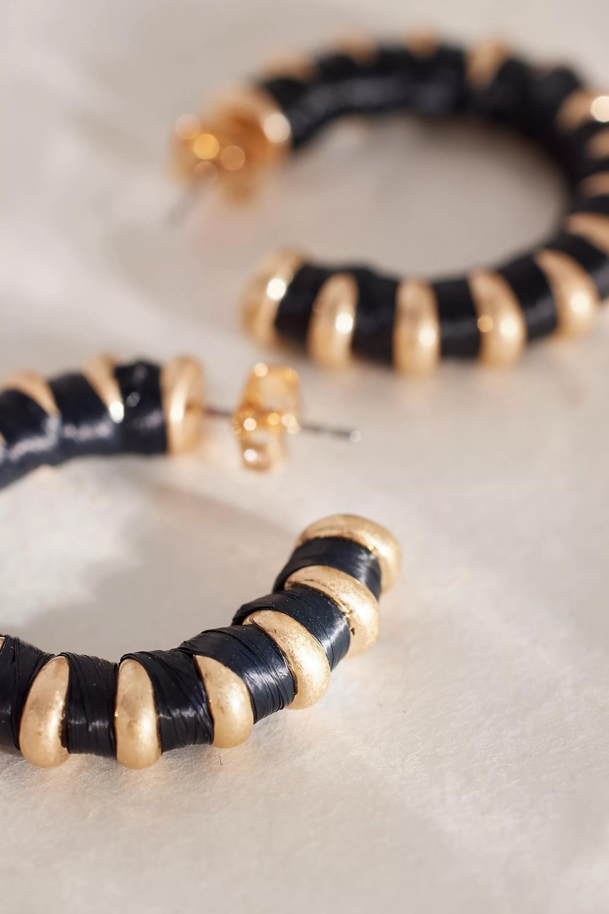 Raffia Hoop Earrings, Black, A501_0001, large image number 1