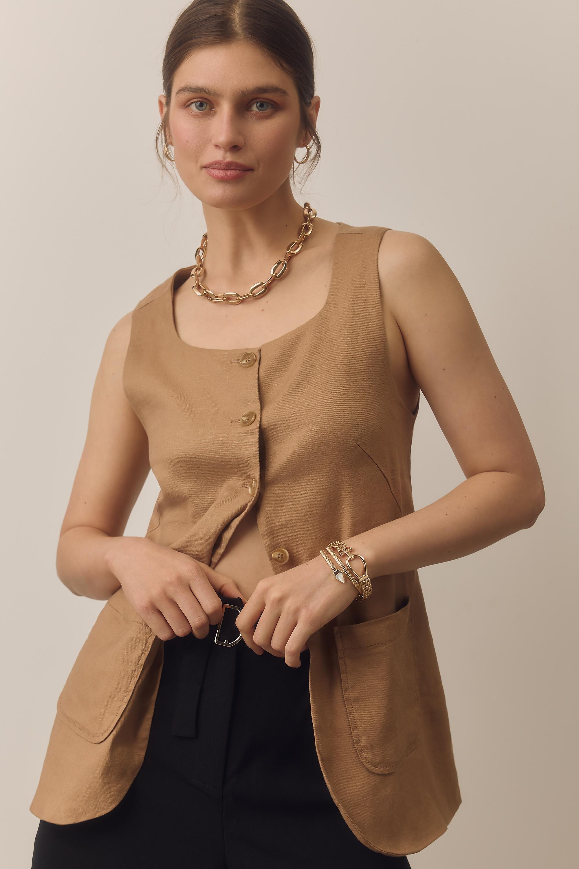 Maeve Mod Linen Square-Neck Vest, Beige, , large image number 1