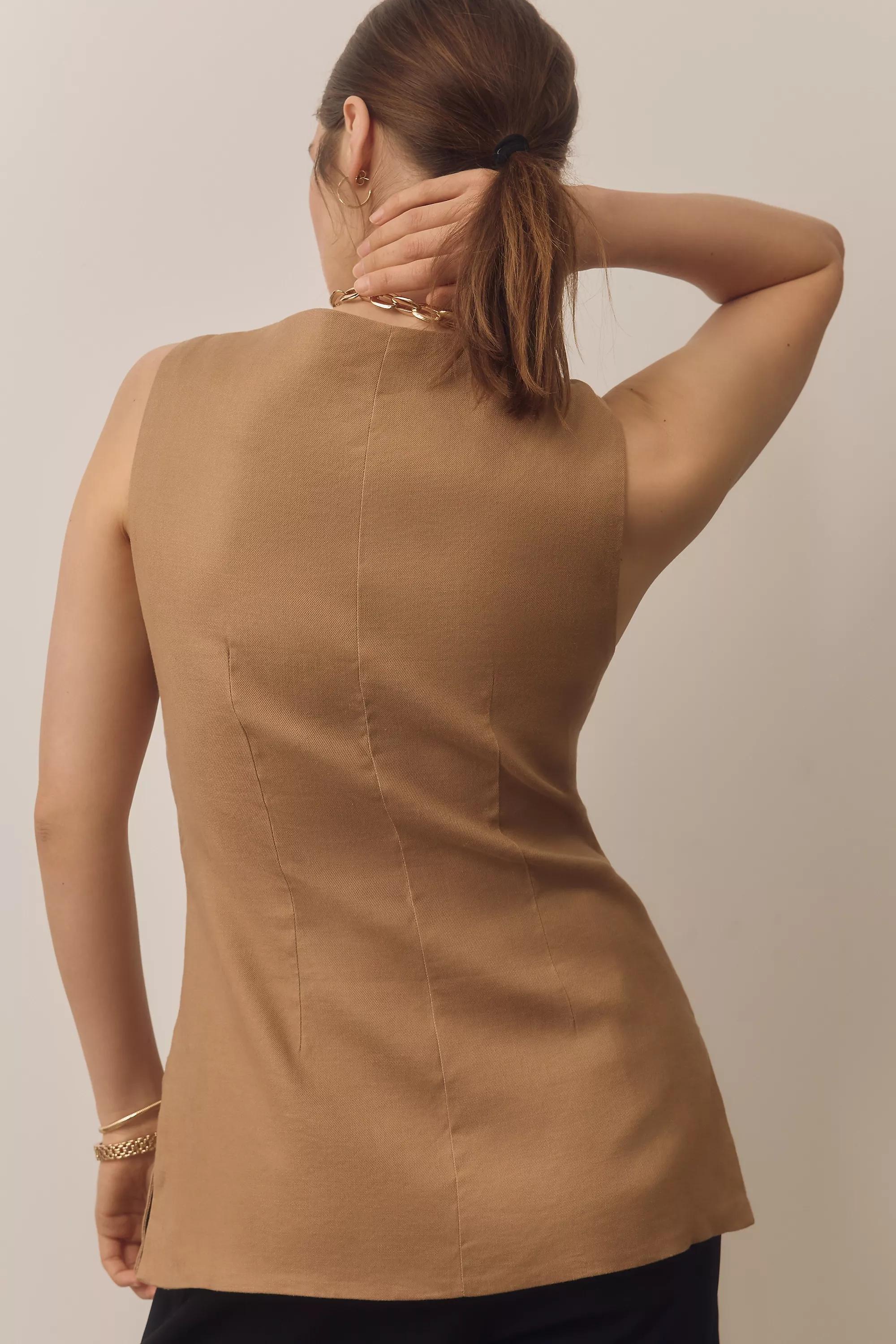 Maeve Mod Linen Square-Neck Vest, Beige, , large image number 2