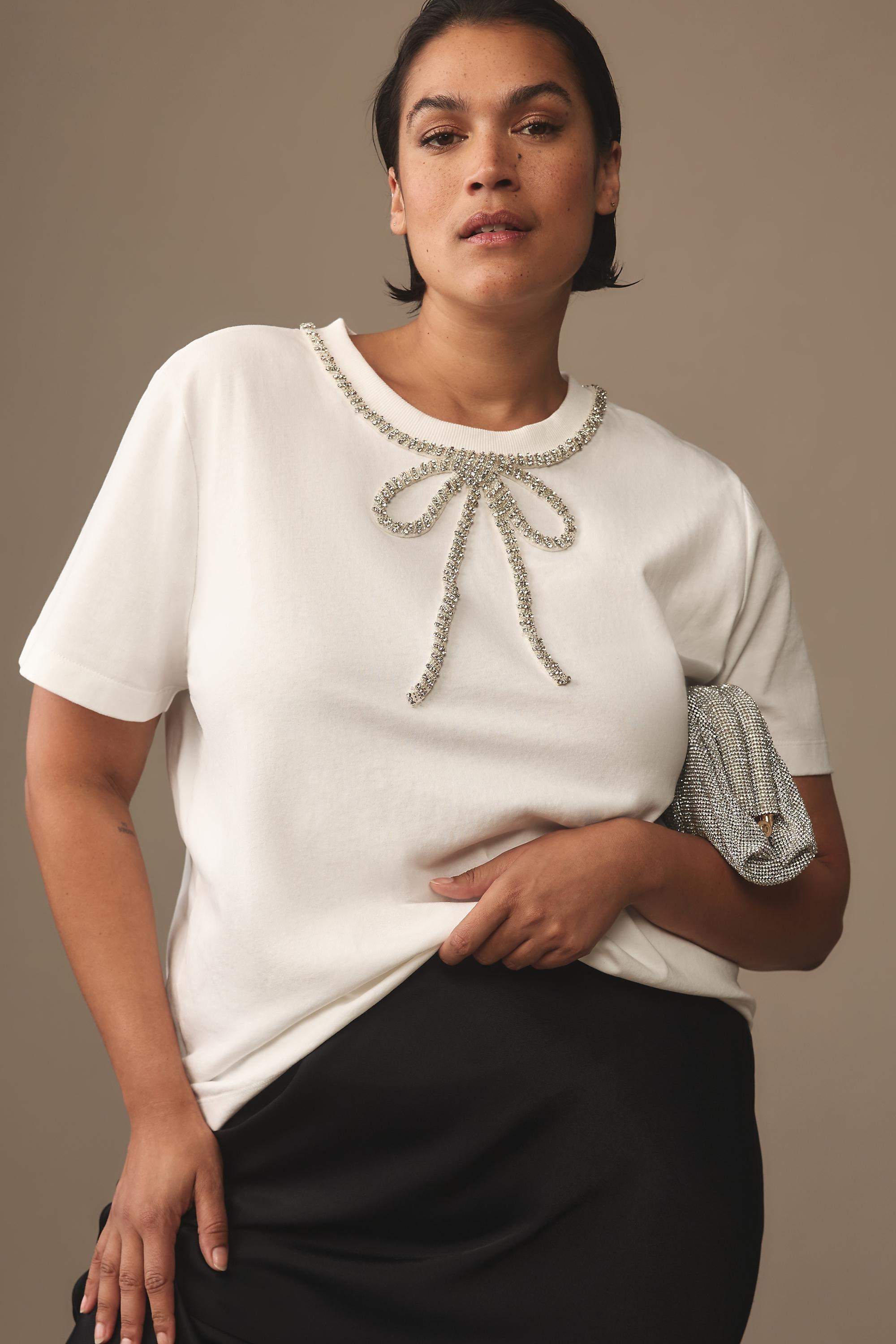 English Factory Rhinestone Bow T-Shirt, White, , large image number 3