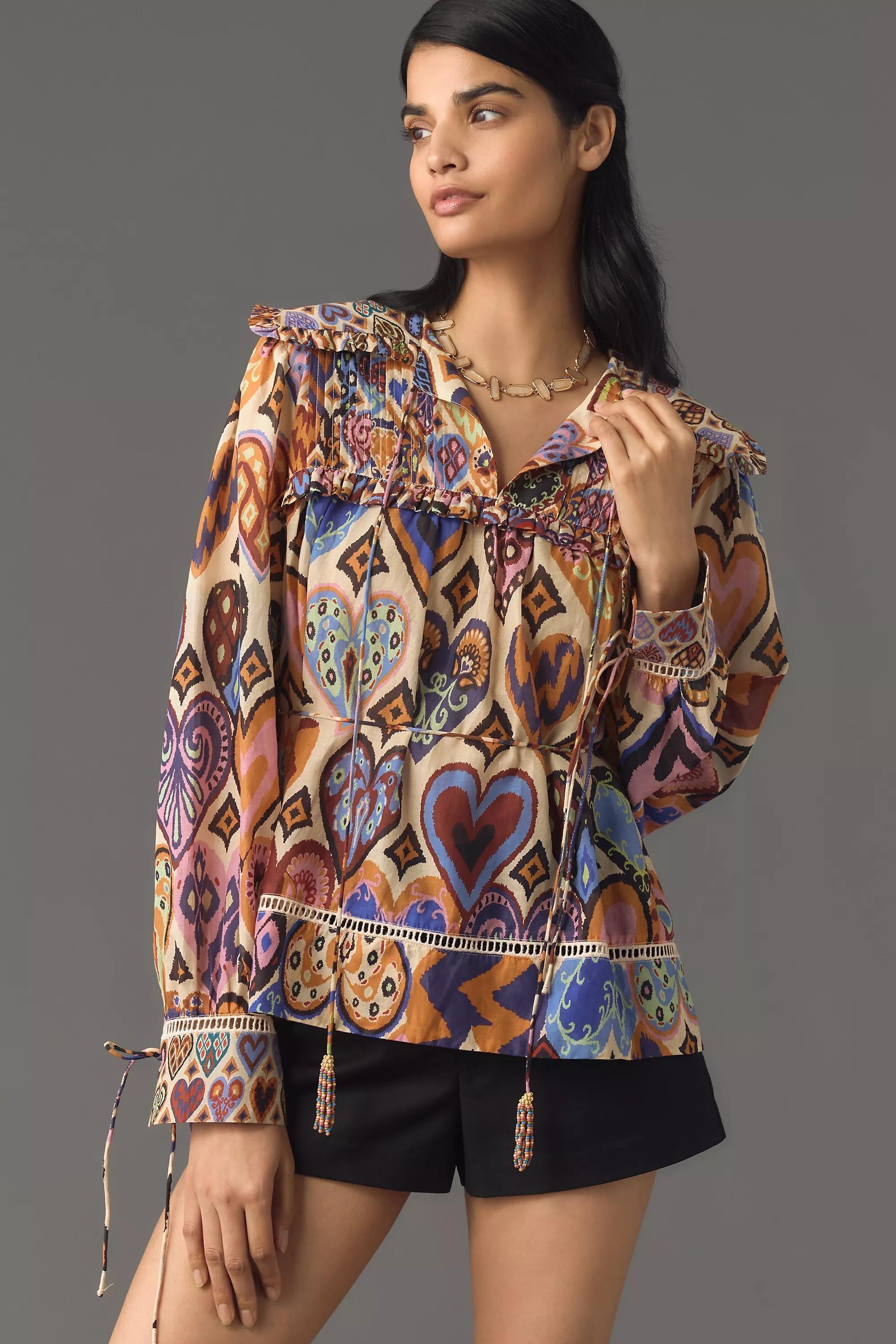 Anthropologie Ethnic Print Blouse, Orange, , large image number 0
