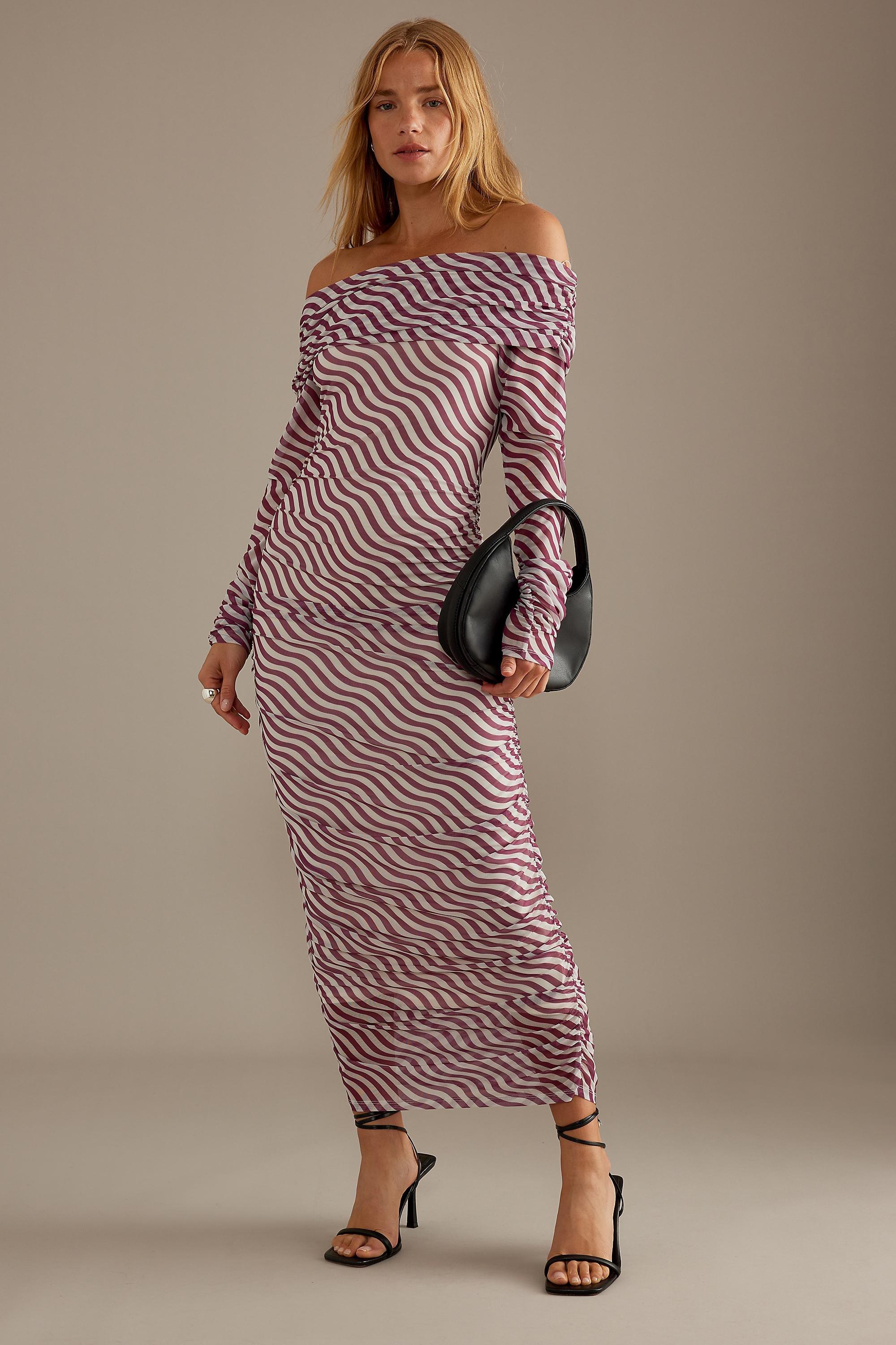 Off-The-Shoulder Mesh Maxi Dress, Purple, , large image number 0