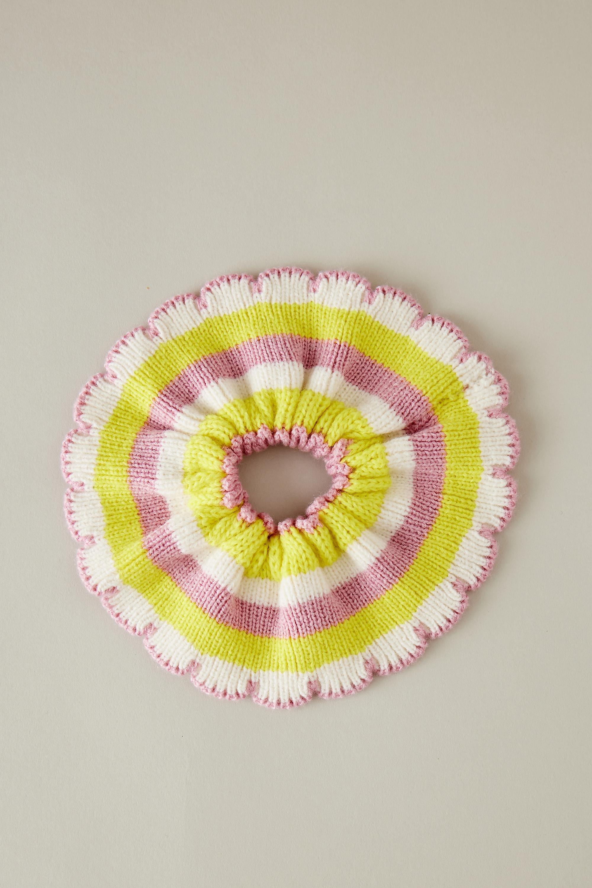 Crochet Stripe Scalloped Hair Scrunchie, Yellow, A501_0072, large image number 0