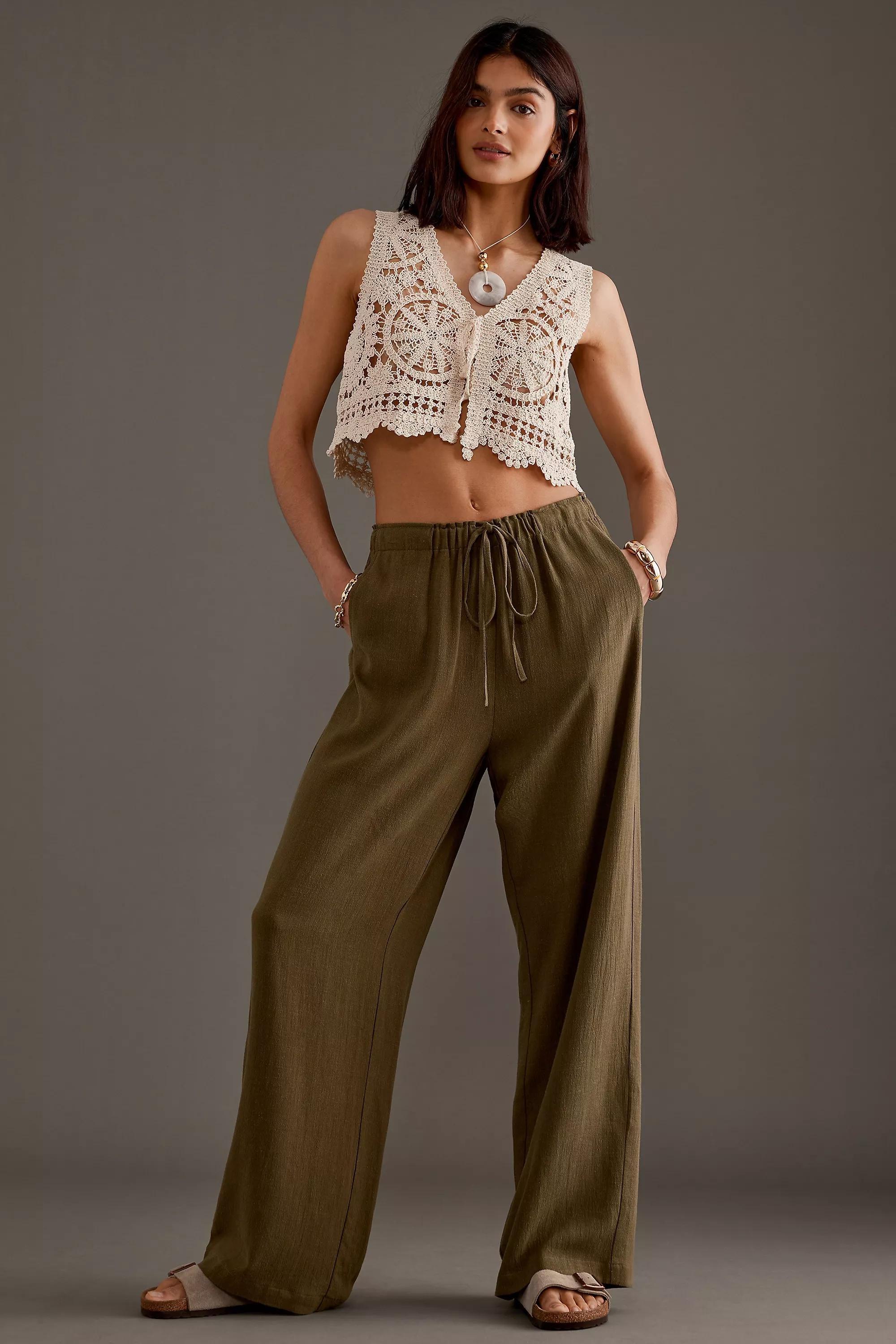 By Anthropologie Lorna Linen-Blend Relaxed Trousers, Khaki, , large image number 0