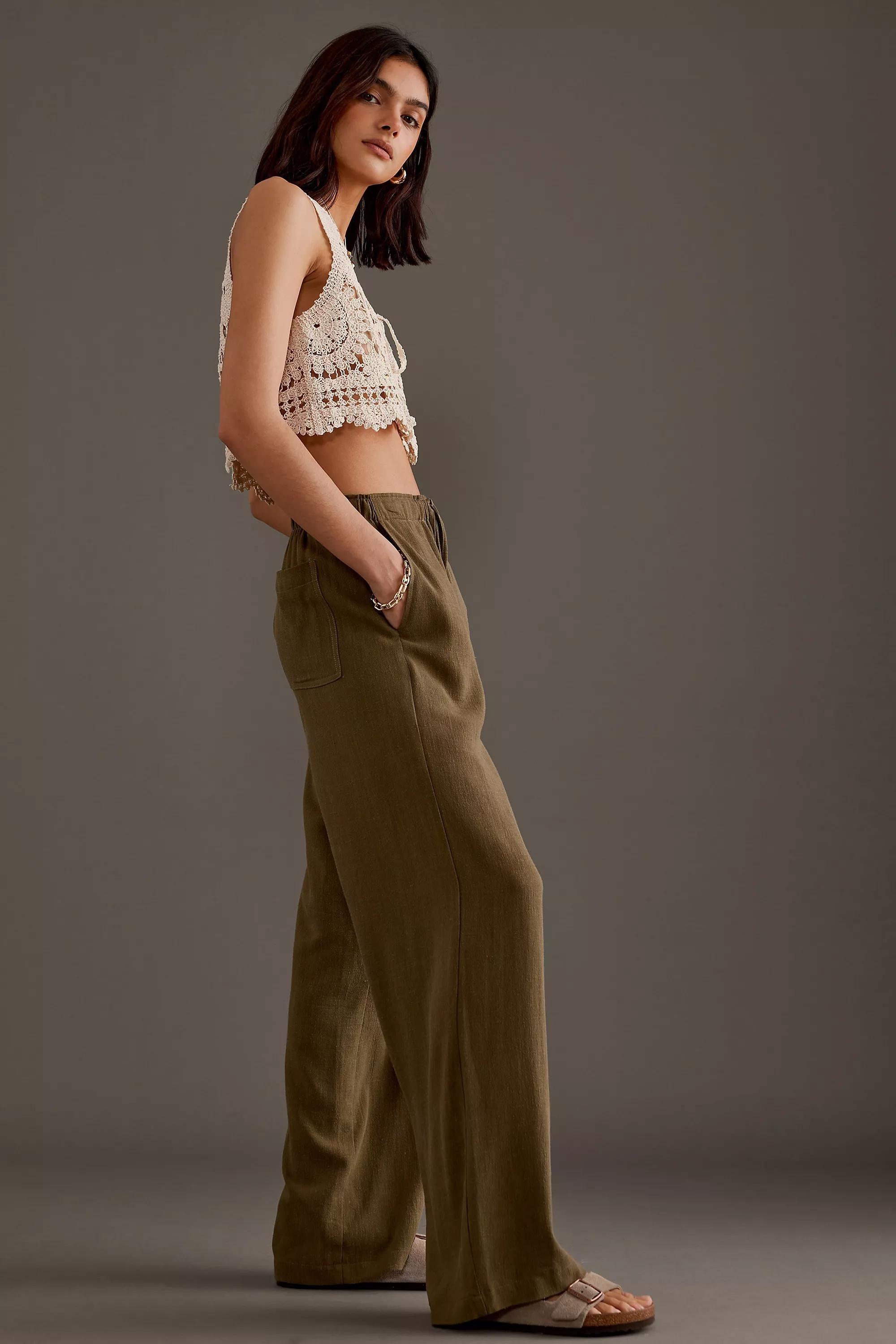 By Anthropologie Lorna Linen-Blend Relaxed Trousers, Khaki, , large image number 1