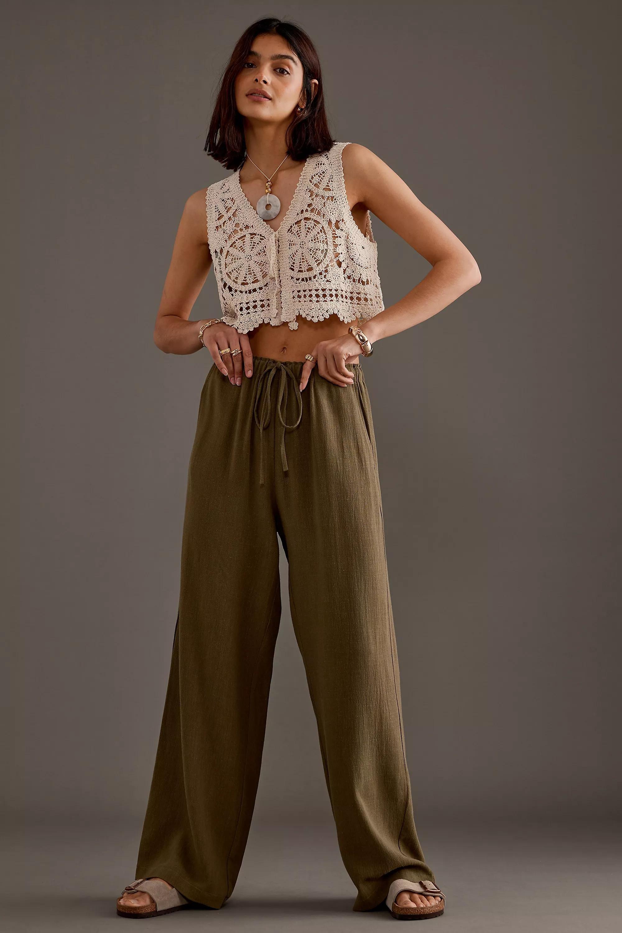 By Anthropologie Lorna Linen-Blend Relaxed Trousers, Khaki, , large image number 2