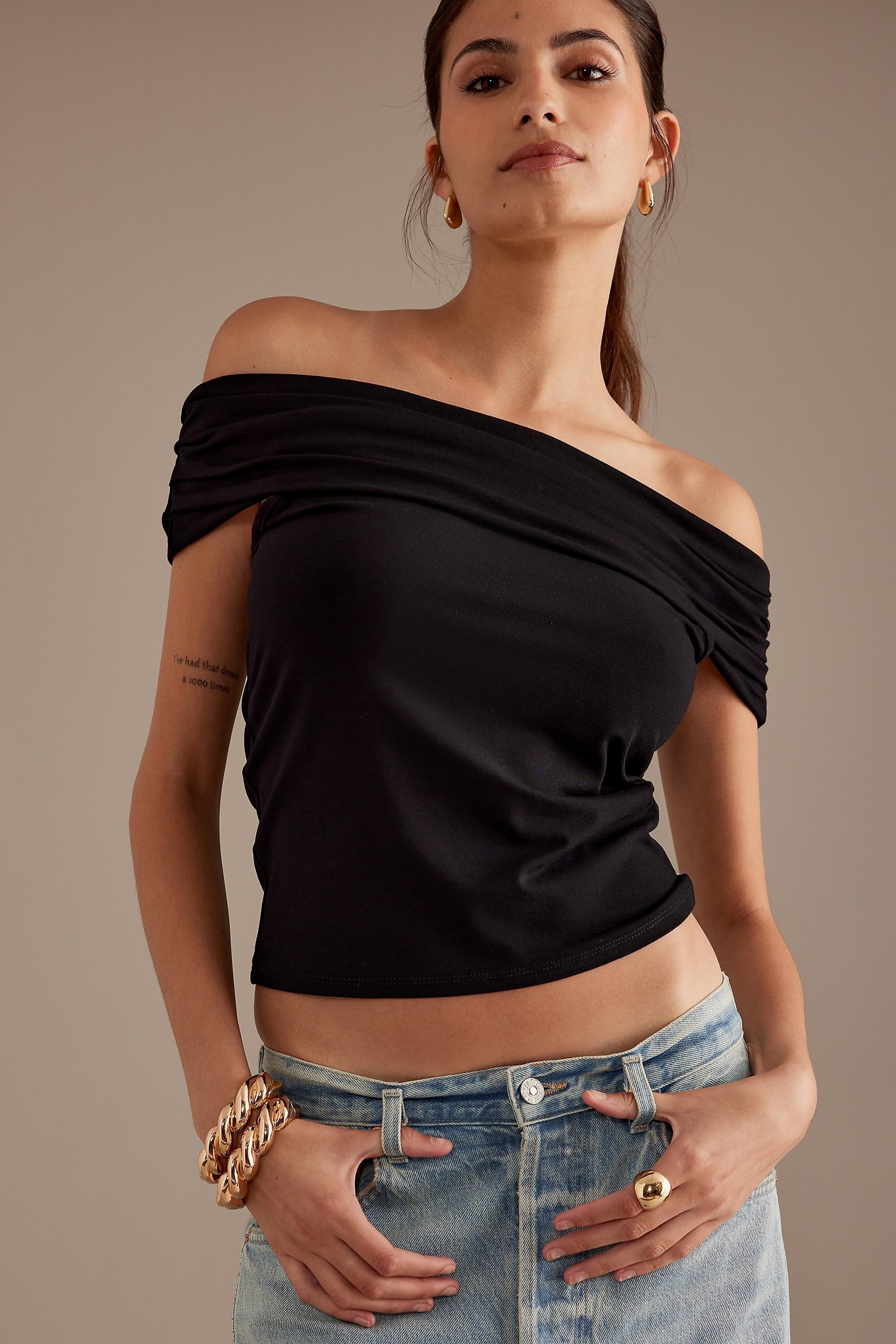 Bonnie Fold-Over Bardot Top, Black, , large image number 0