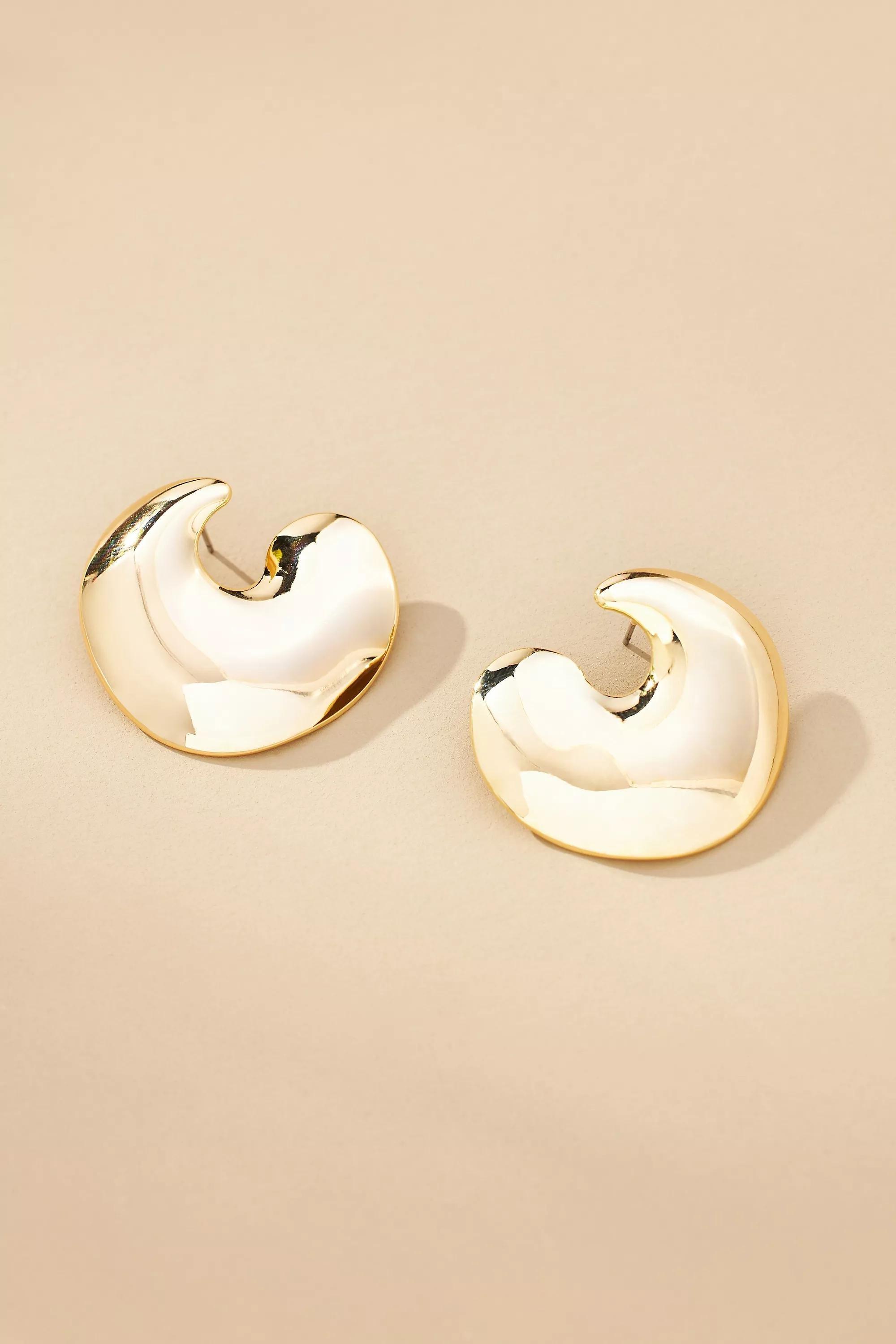 14K Shiny Abstract Hoop Earrings, Gold Plated, , medium