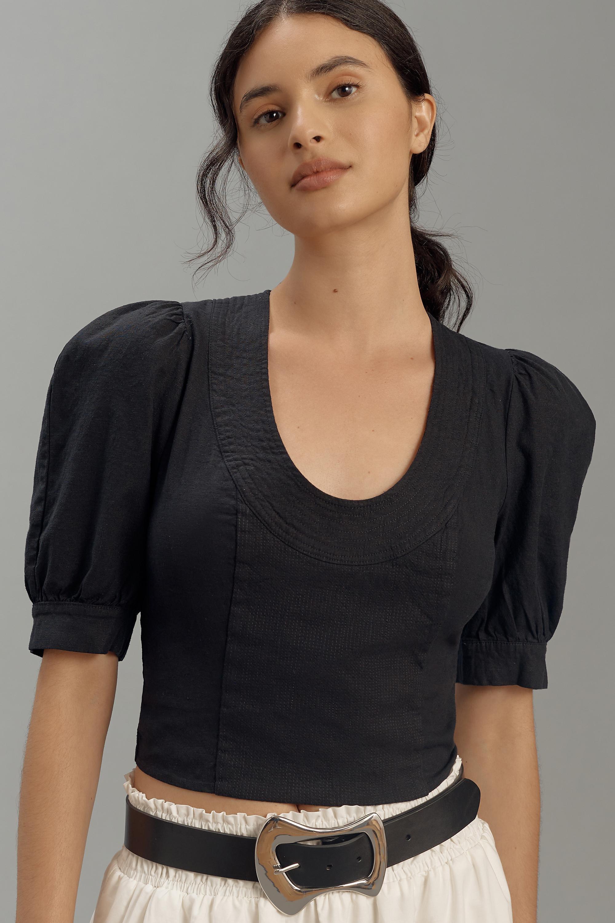 Puff-Sleeve Scoop-Neck Linen Top, Black, , large image number 0