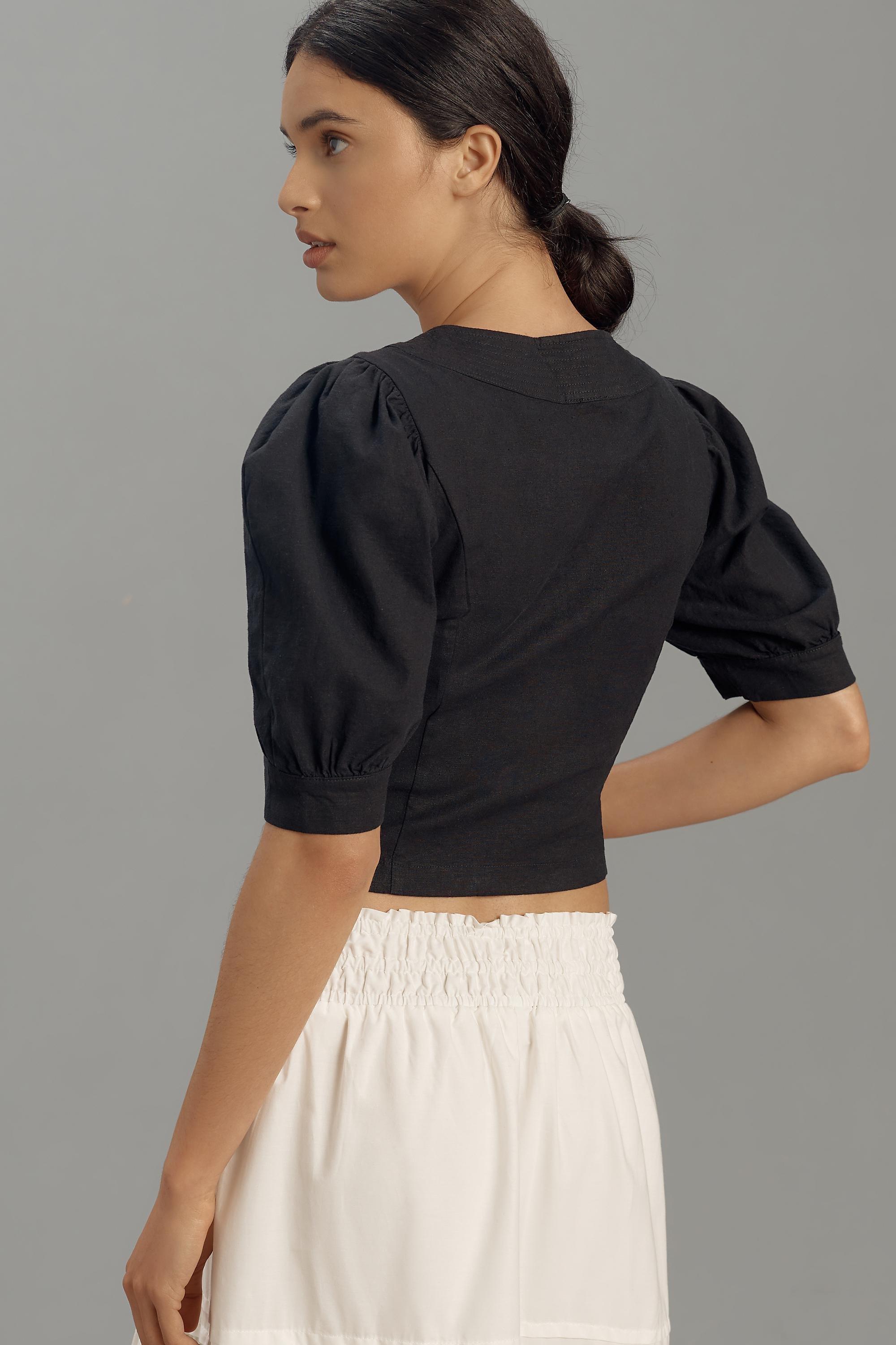 Puff-Sleeve Scoop-Neck Linen Top, Black, , large image number 2