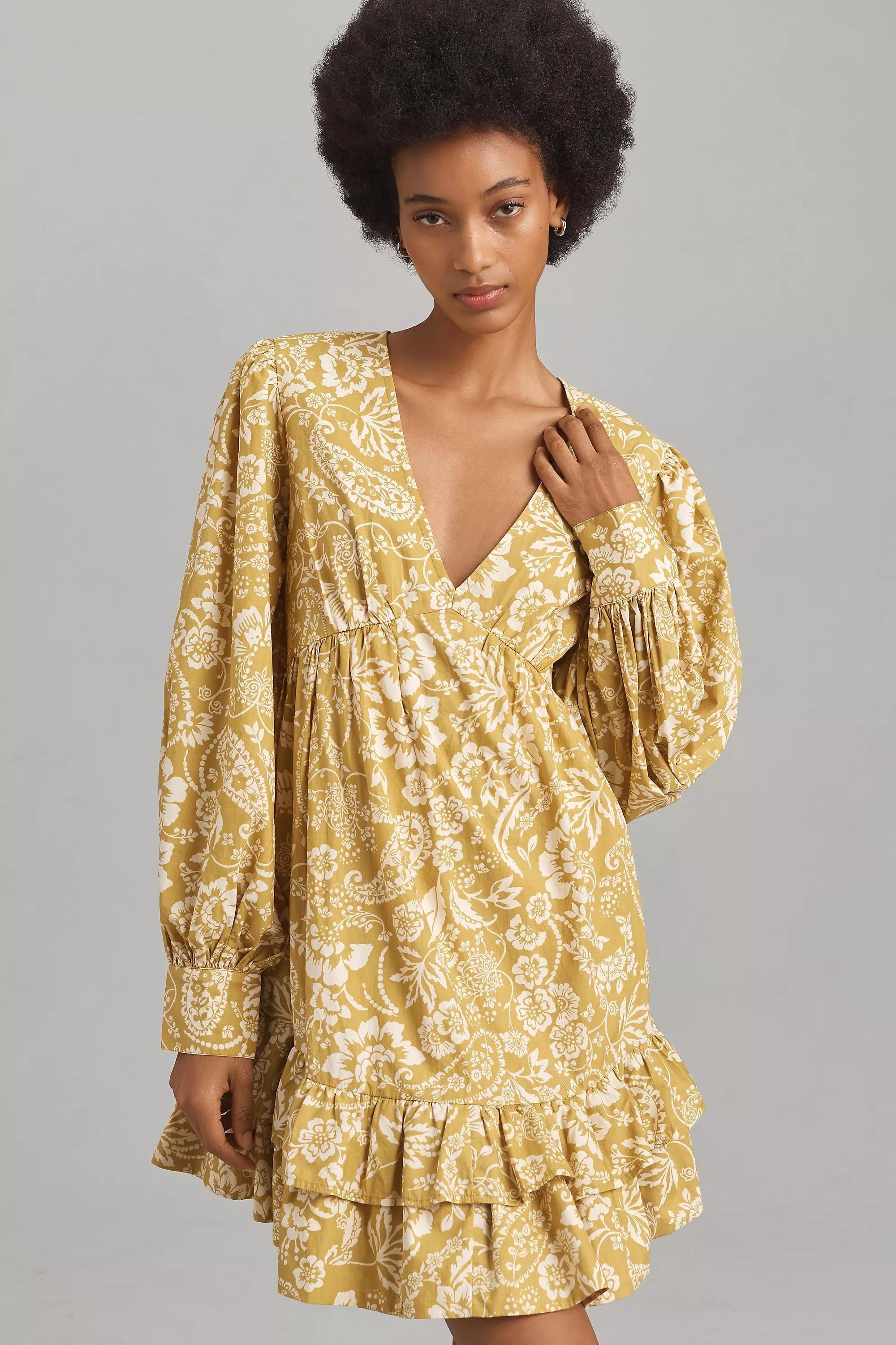 Anthropologie Floral Baby Doll Mini Dress, Yellow, , large image number 0
