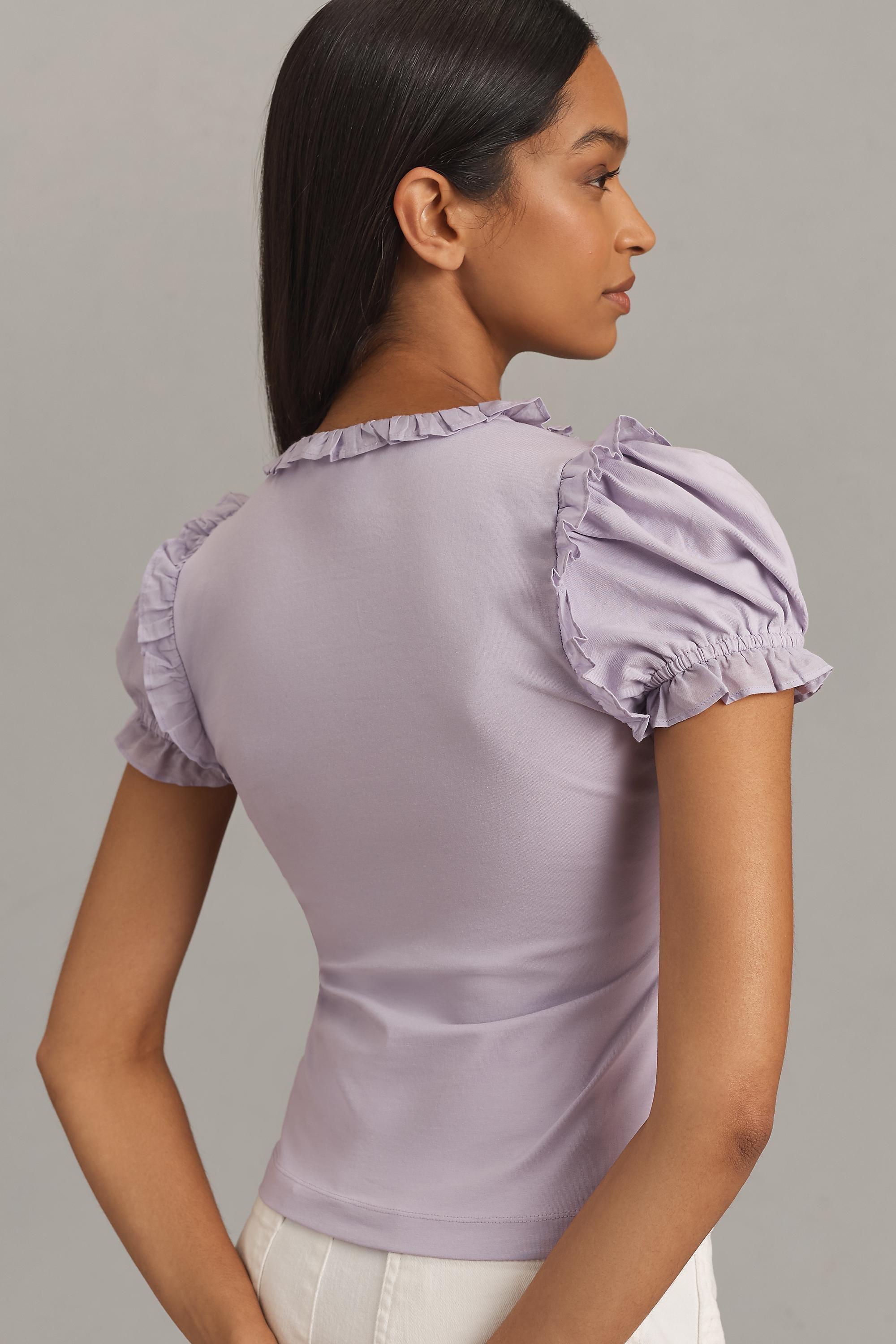 Maeve Puff-Sleeve Ruffle Henley T-Shirt, Purple, , large image number 1