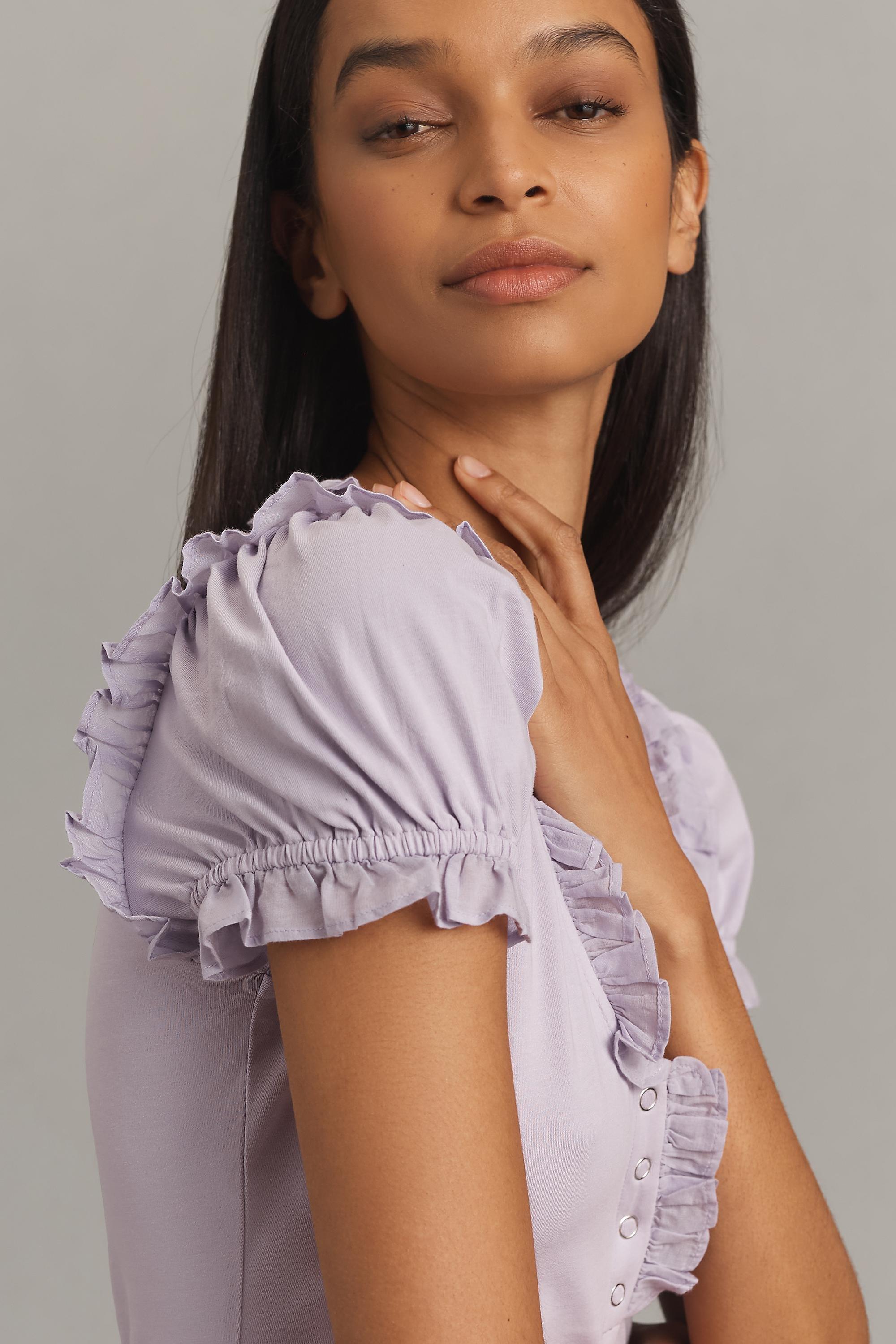 Maeve Puff-Sleeve Ruffle Henley T-Shirt, Purple, , large image number 3