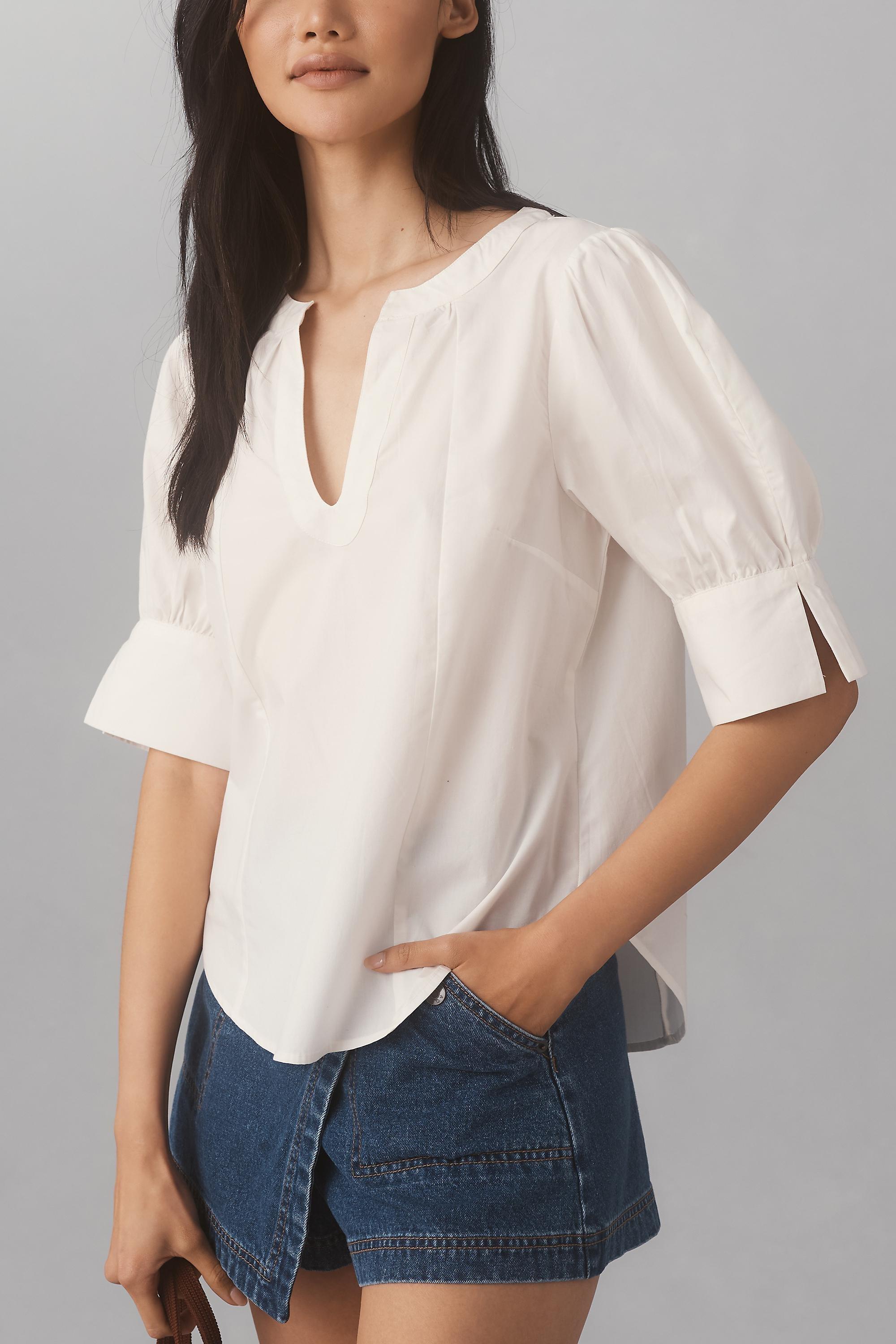 By Anthropologie Puff-Sleeve Sculpted Blouse, White, , large image number 1