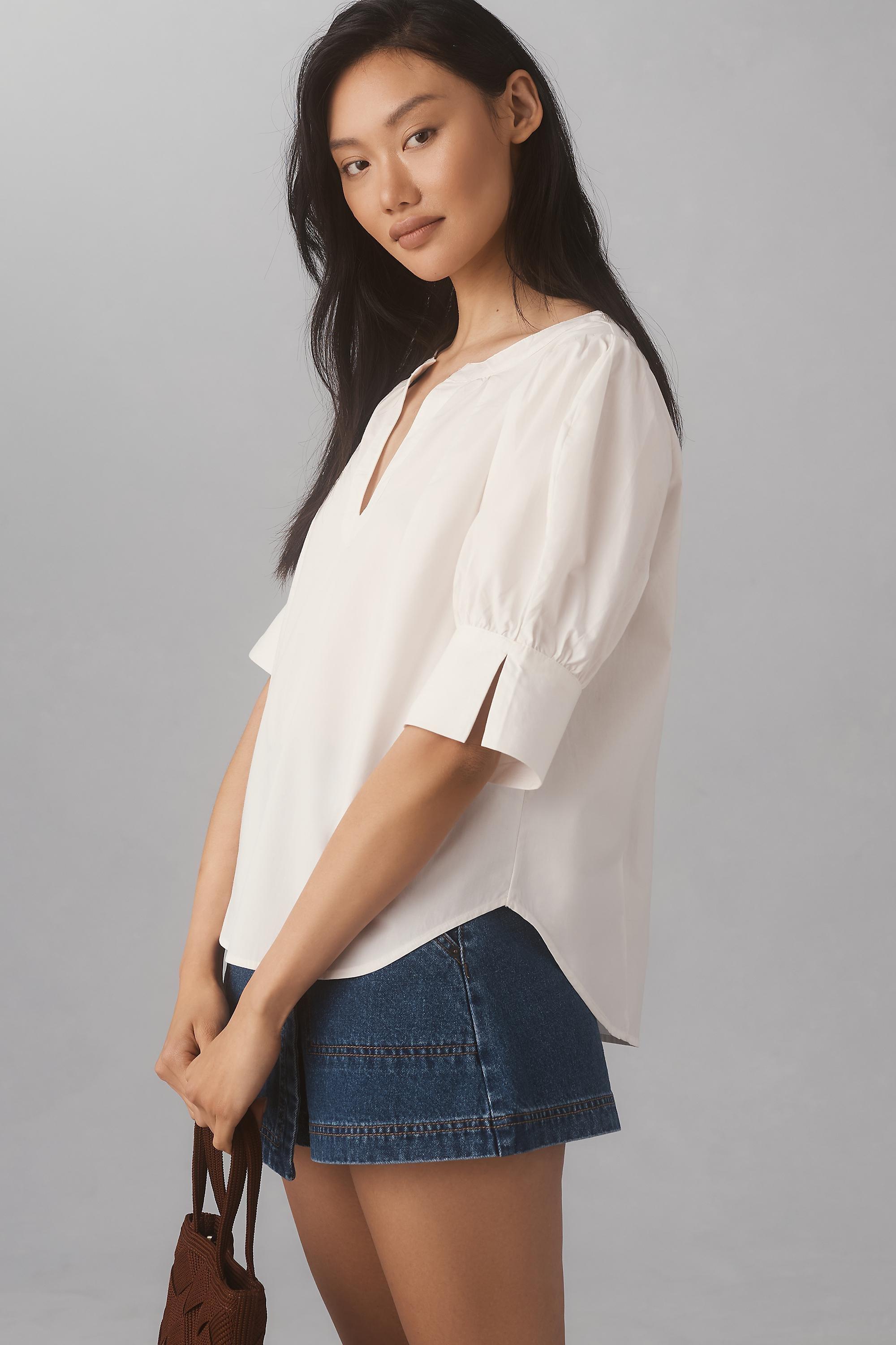 By Anthropologie Puff-Sleeve Sculpted Blouse, White, , large image number 3