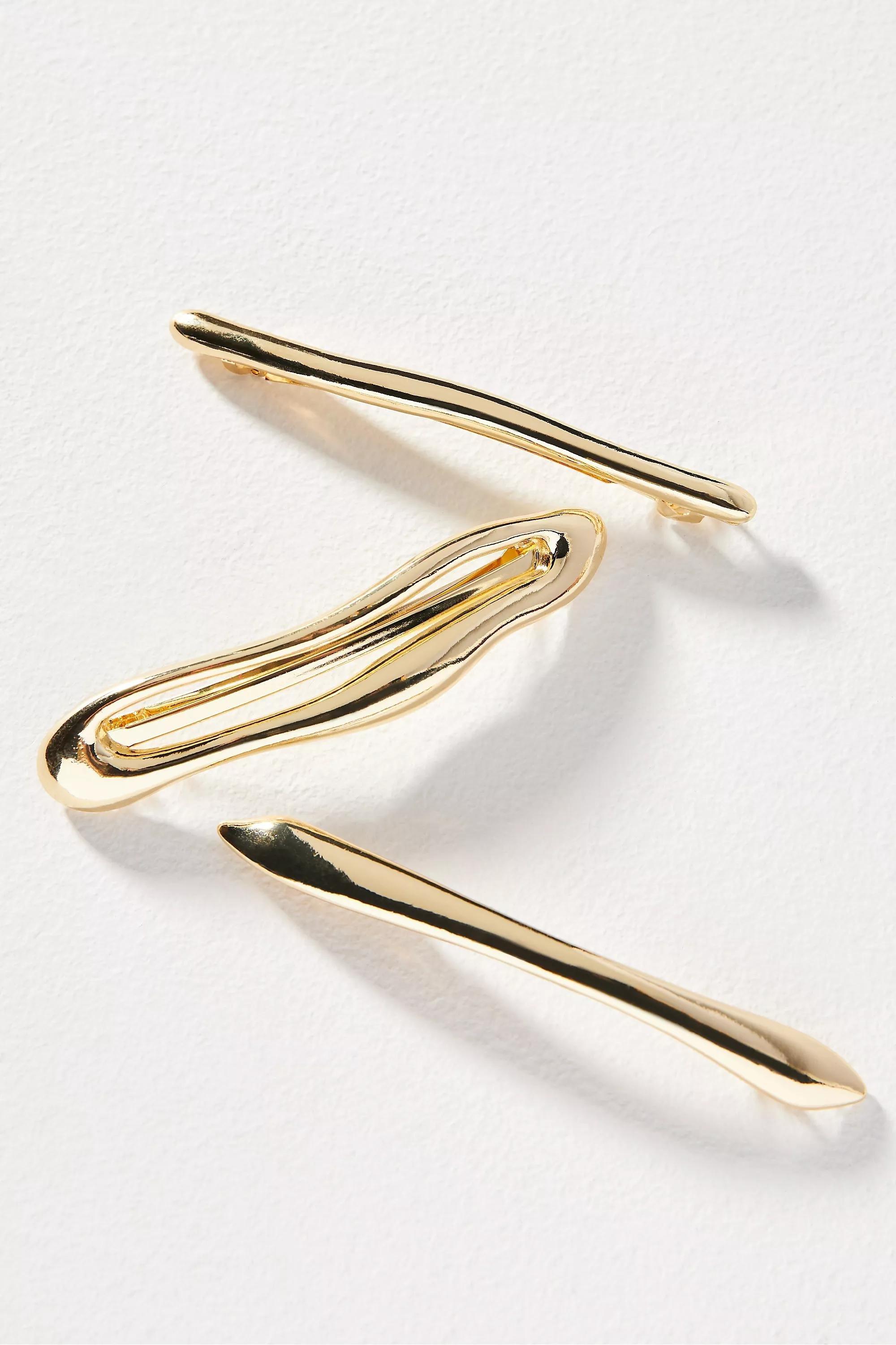 Brushed Metal Barrettes, Set Of 3, Gold, A501_0070, large image number 0