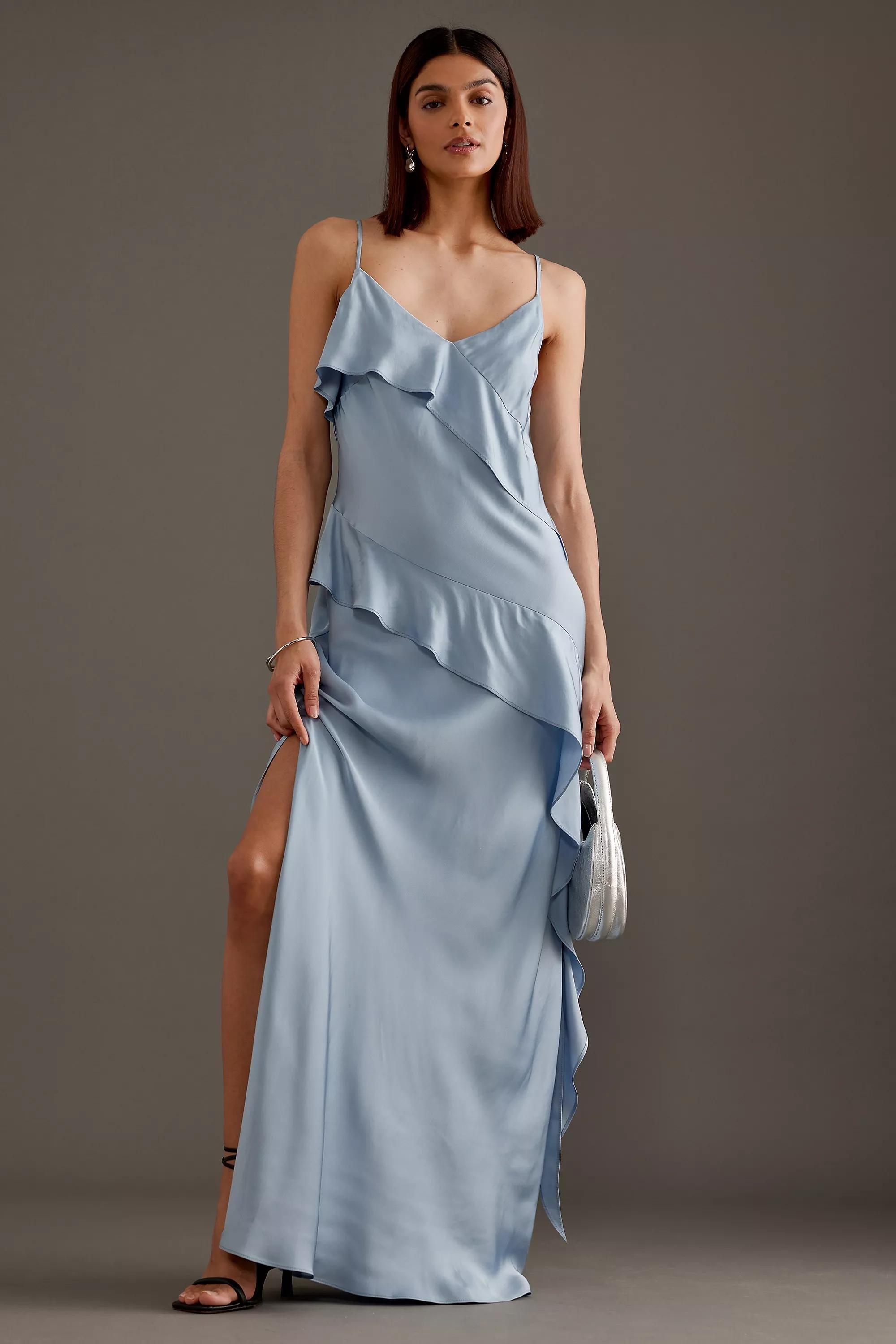 Asymmetric Ruffle Maxi Slip Dress, Blue, , large image number 0