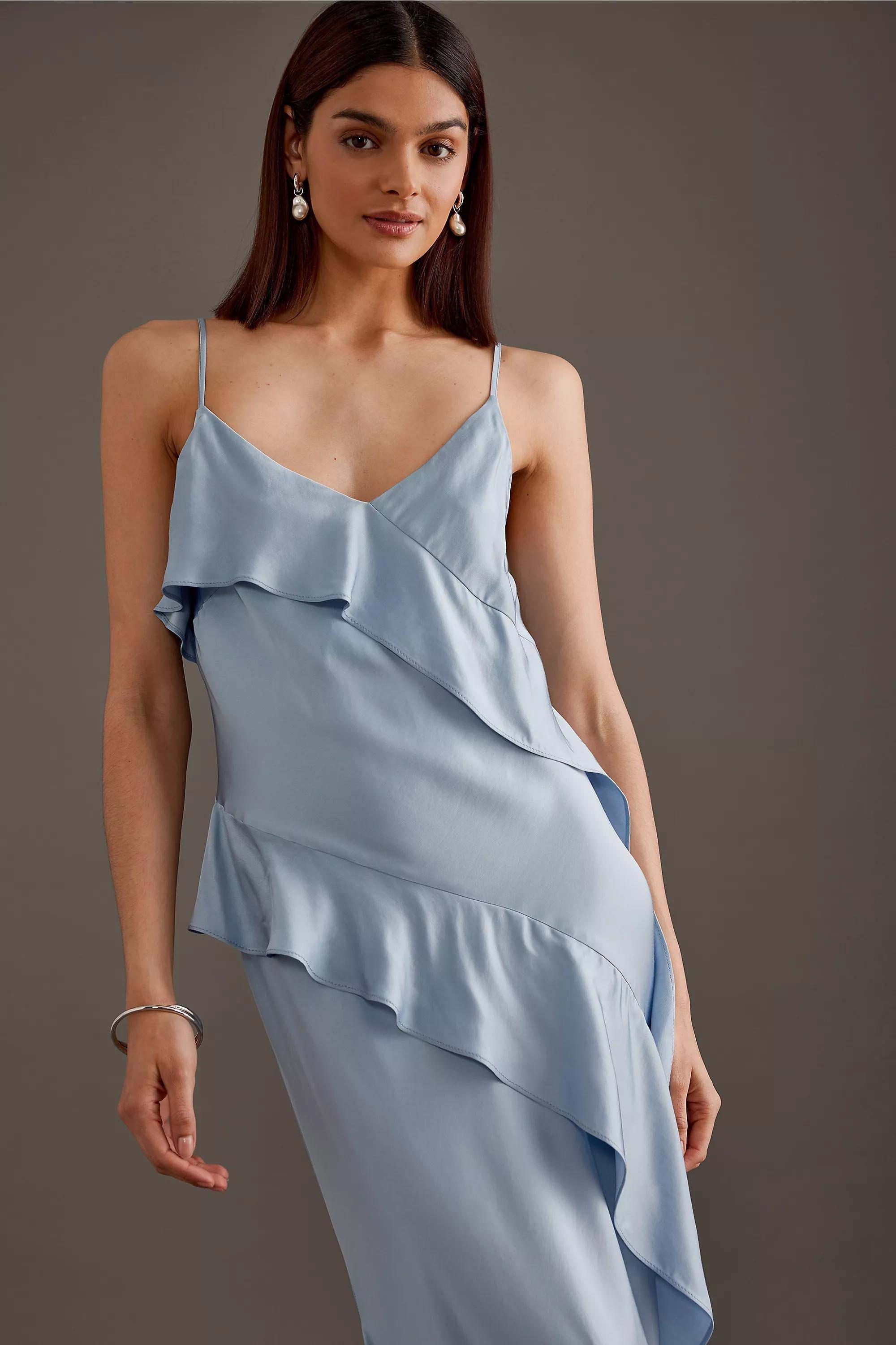 Asymmetric Ruffle Maxi Slip Dress, Blue, , large image number 1
