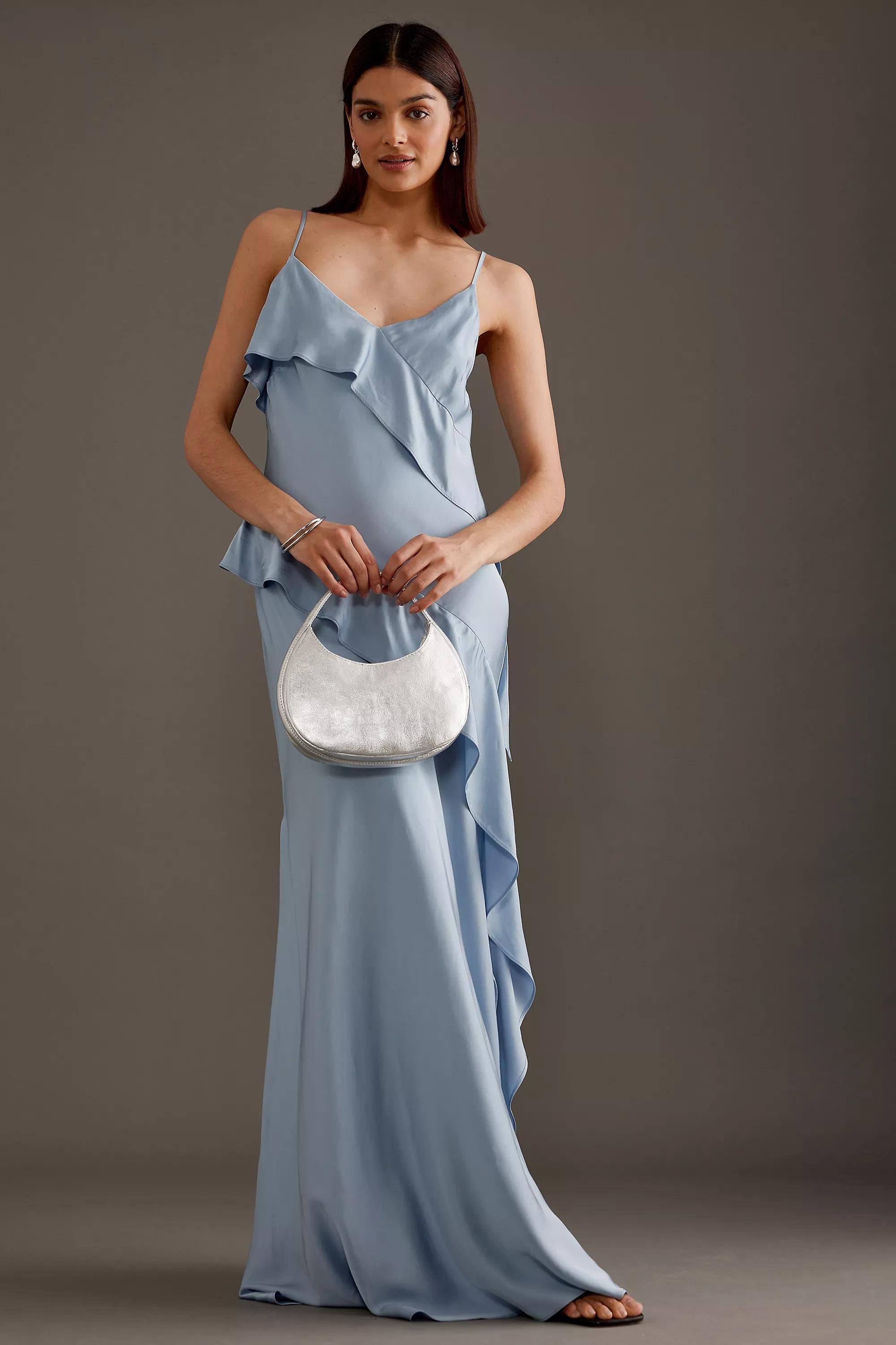 Asymmetric Ruffle Maxi Slip Dress, Blue, , large image number 2