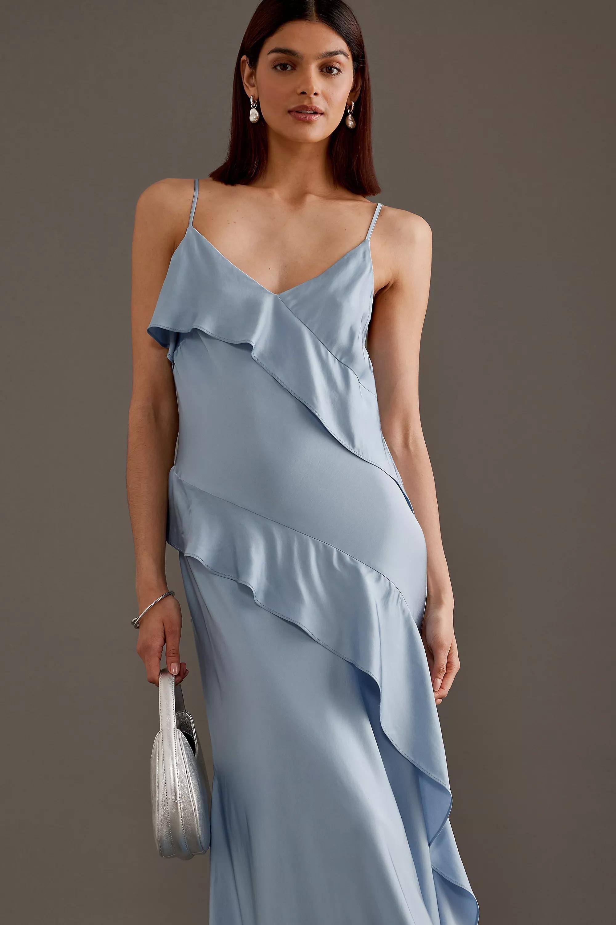 Asymmetric Ruffle Maxi Slip Dress, Blue, , large image number 3