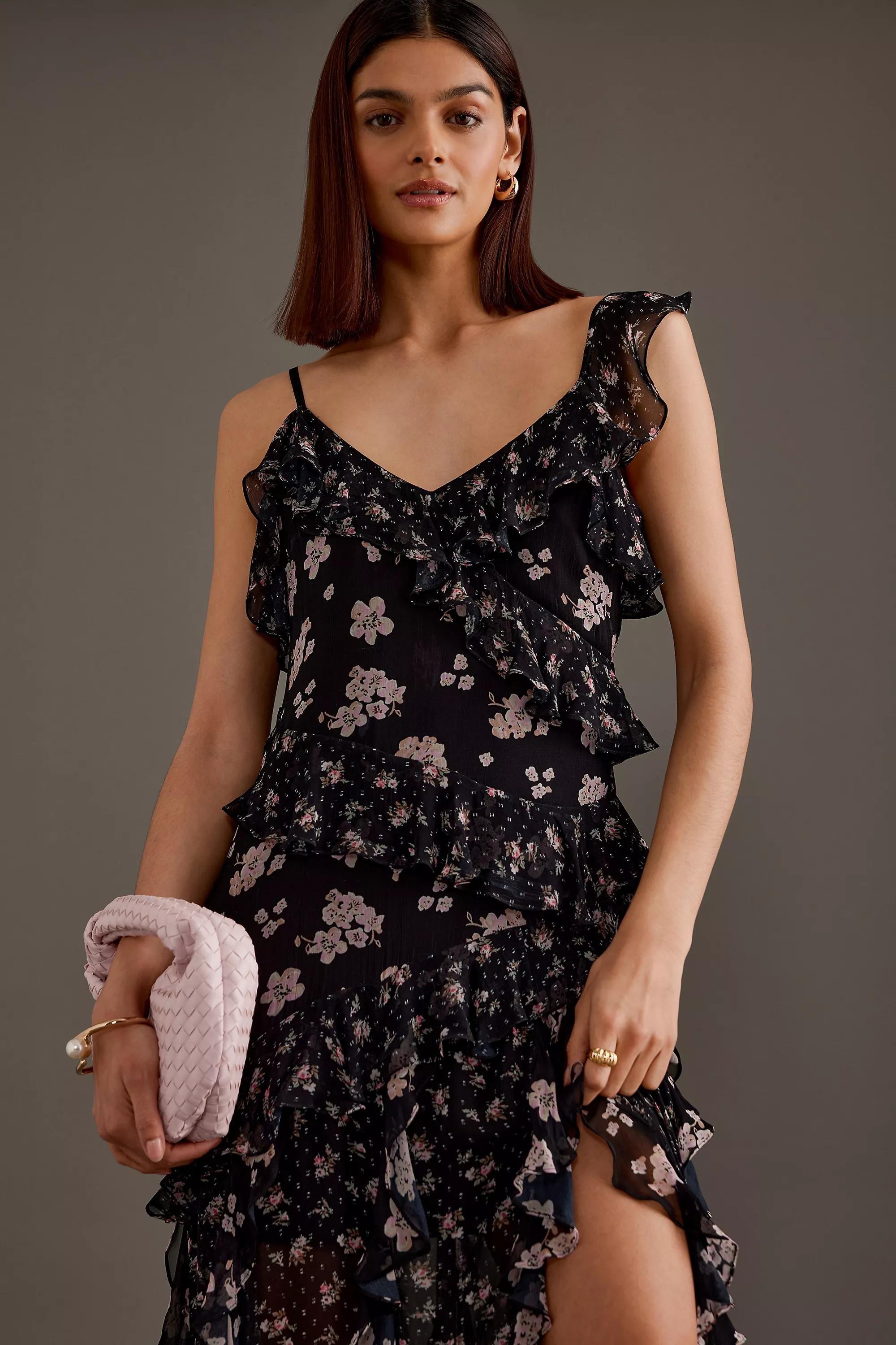 Mixed Floral Ruffle Maxi Dress, Black, , large image number 1