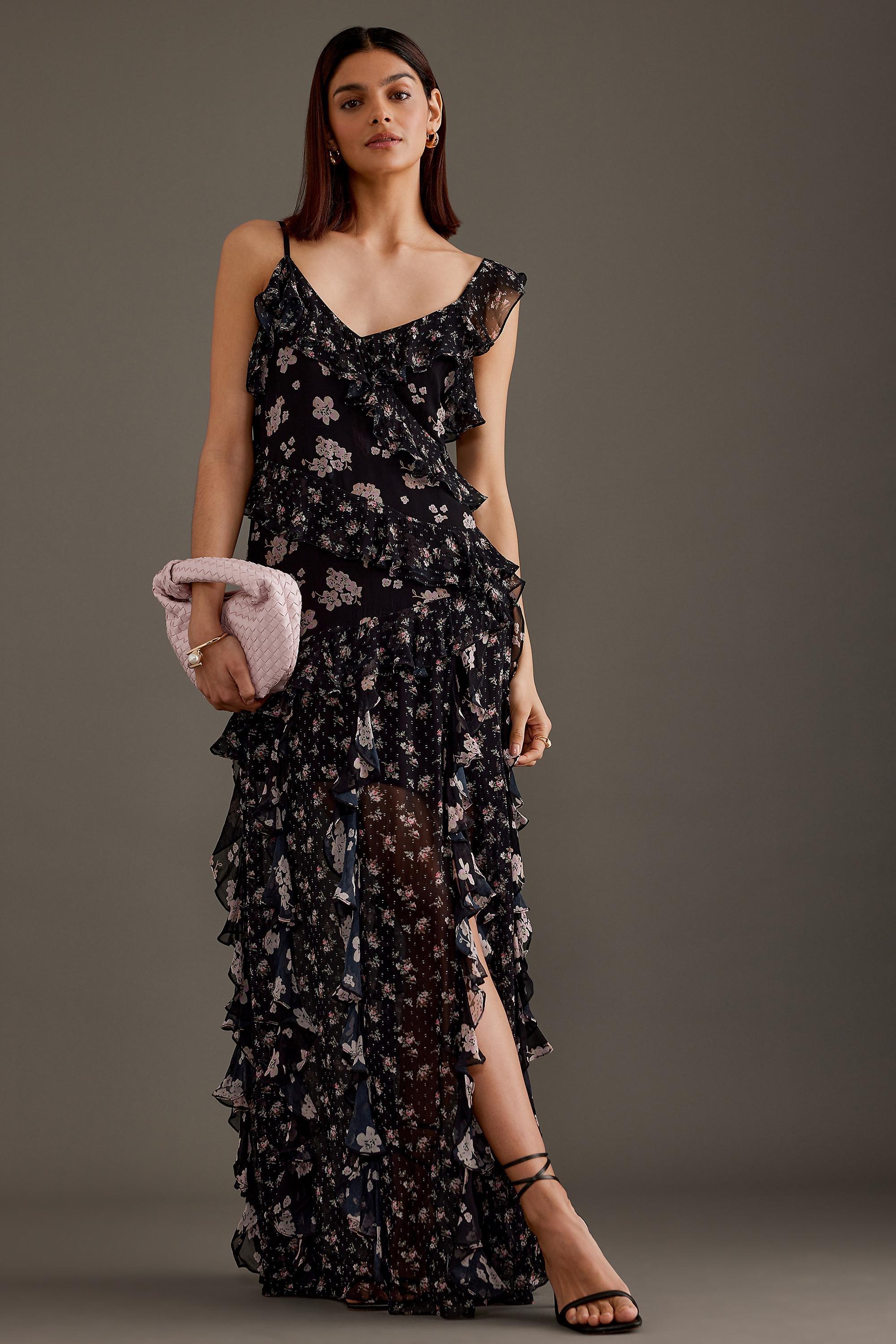 Mixed Floral Ruffle Maxi Dress, Black, , large image number 2