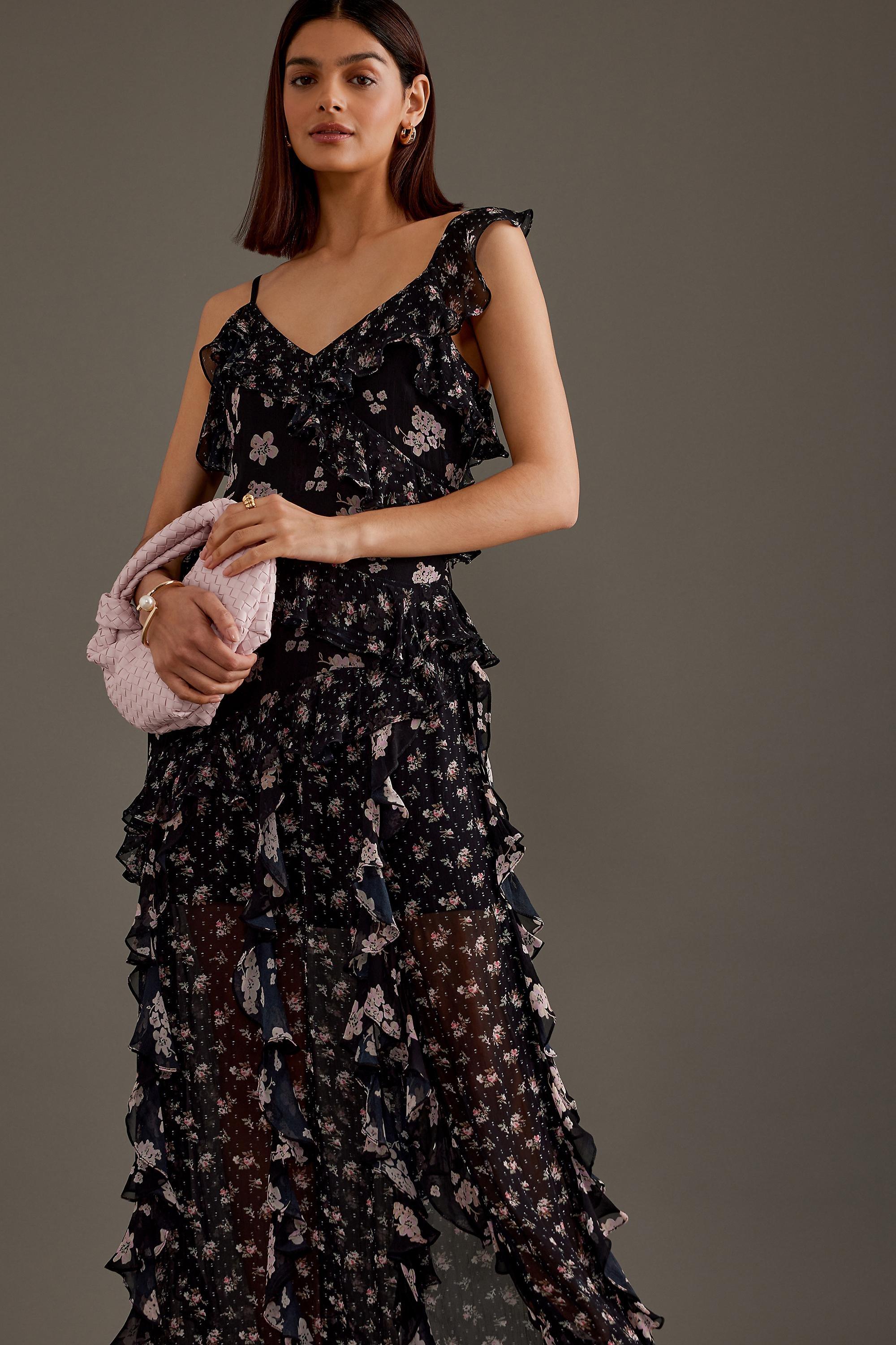Mixed Floral Ruffle Maxi Dress, Black, , large image number 3