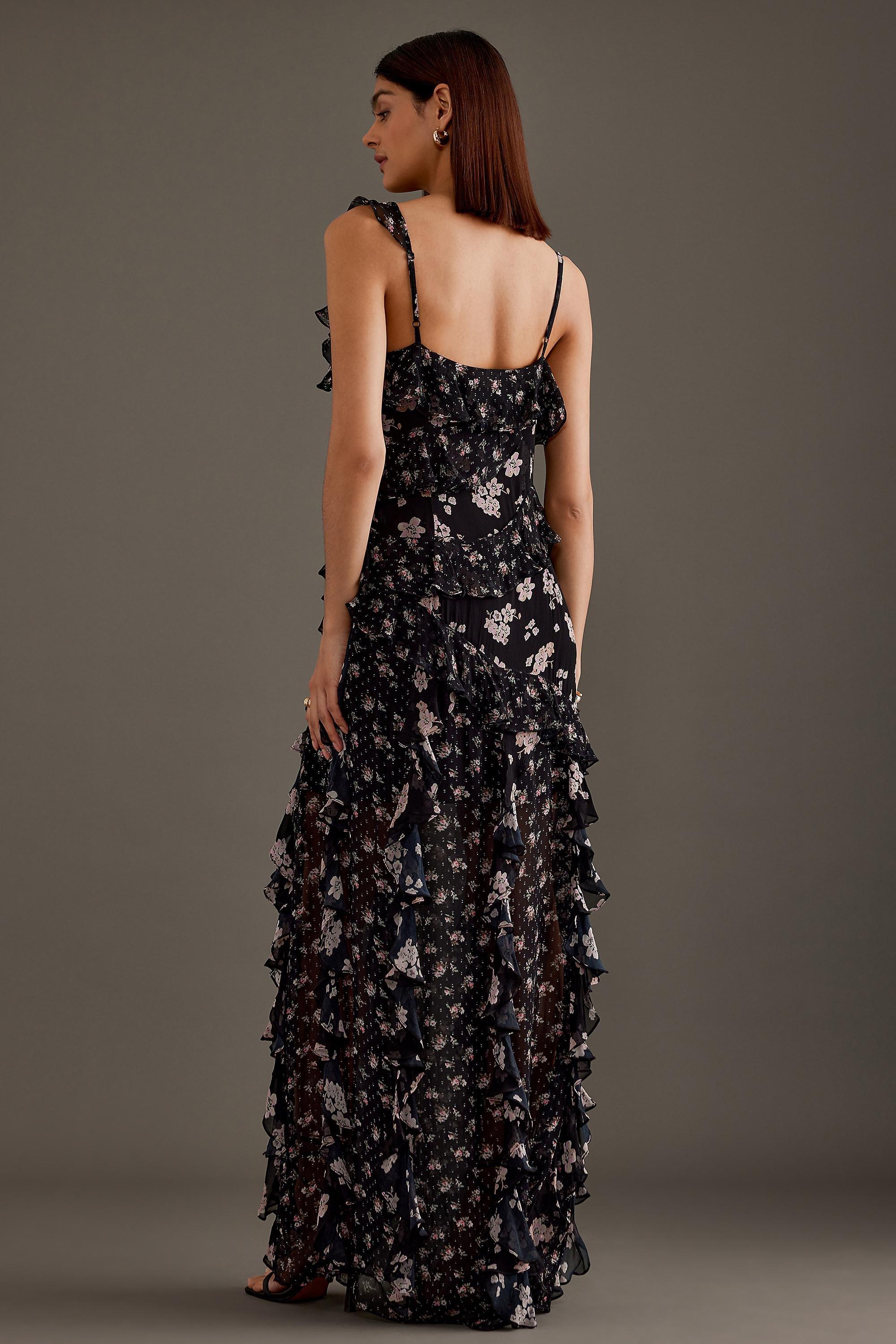 Mixed Floral Ruffle Maxi Dress, Black, , large image number 5
